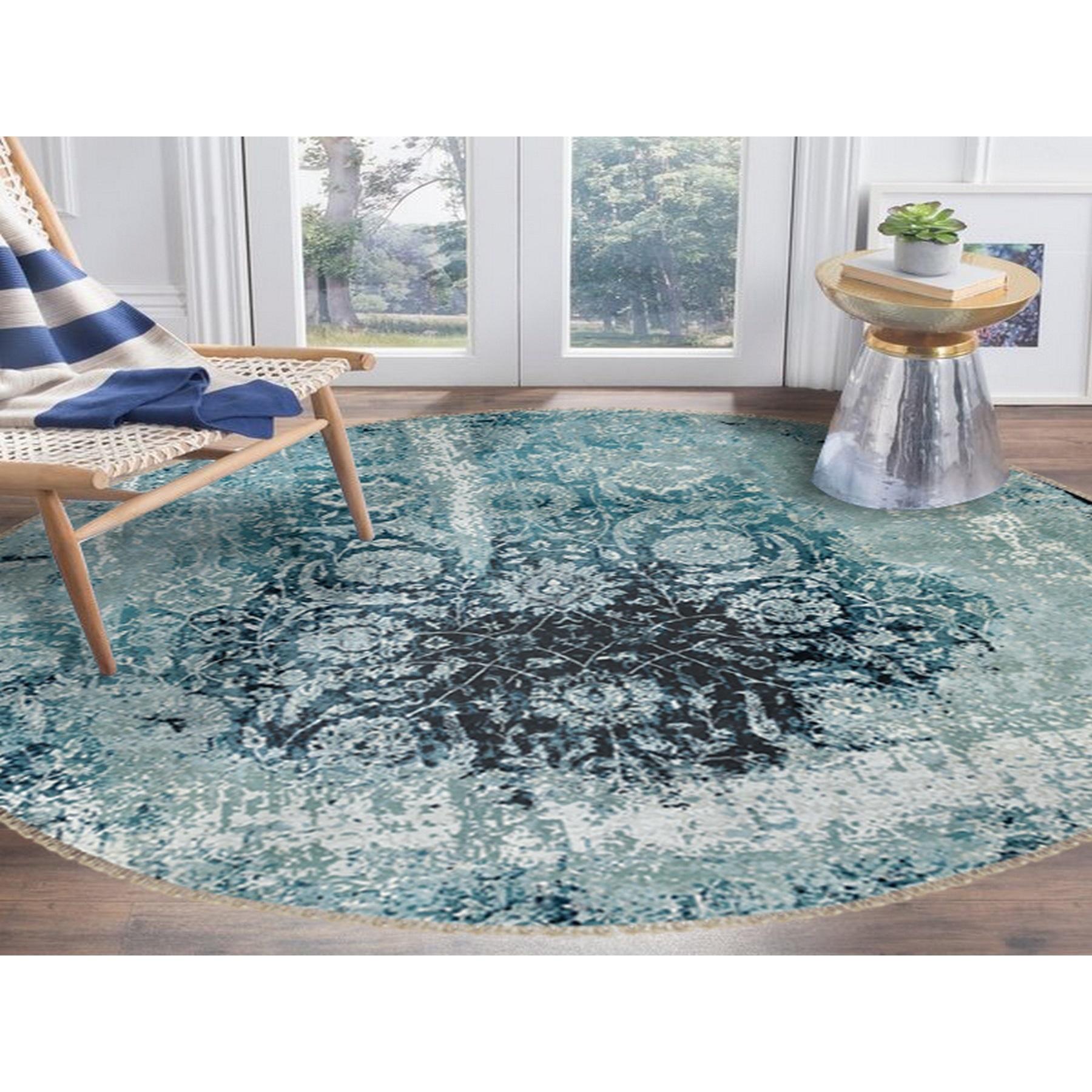 This is a truly genuine one-of-a-kind Wool and Silk Broken Persian Tabriz Erased Design Hand Knotted Round Oriental Rug. It has been woven for months and months in the centuries-old Persian weaving craftsmanship techniques by expert