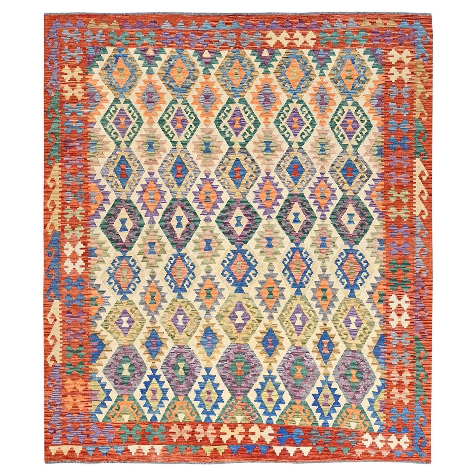 8
8 "x9
7" Elfenbeinfarbener Afghanischer Kilim mit geometrischem Muster Handgewebter Teppich aus reiner Wolle