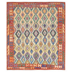 8
8 "x9
7" Elfenbeinfarbener Afghanischer Kilim mit geometrischem Muster Handgewebter Teppich aus reiner Wolle