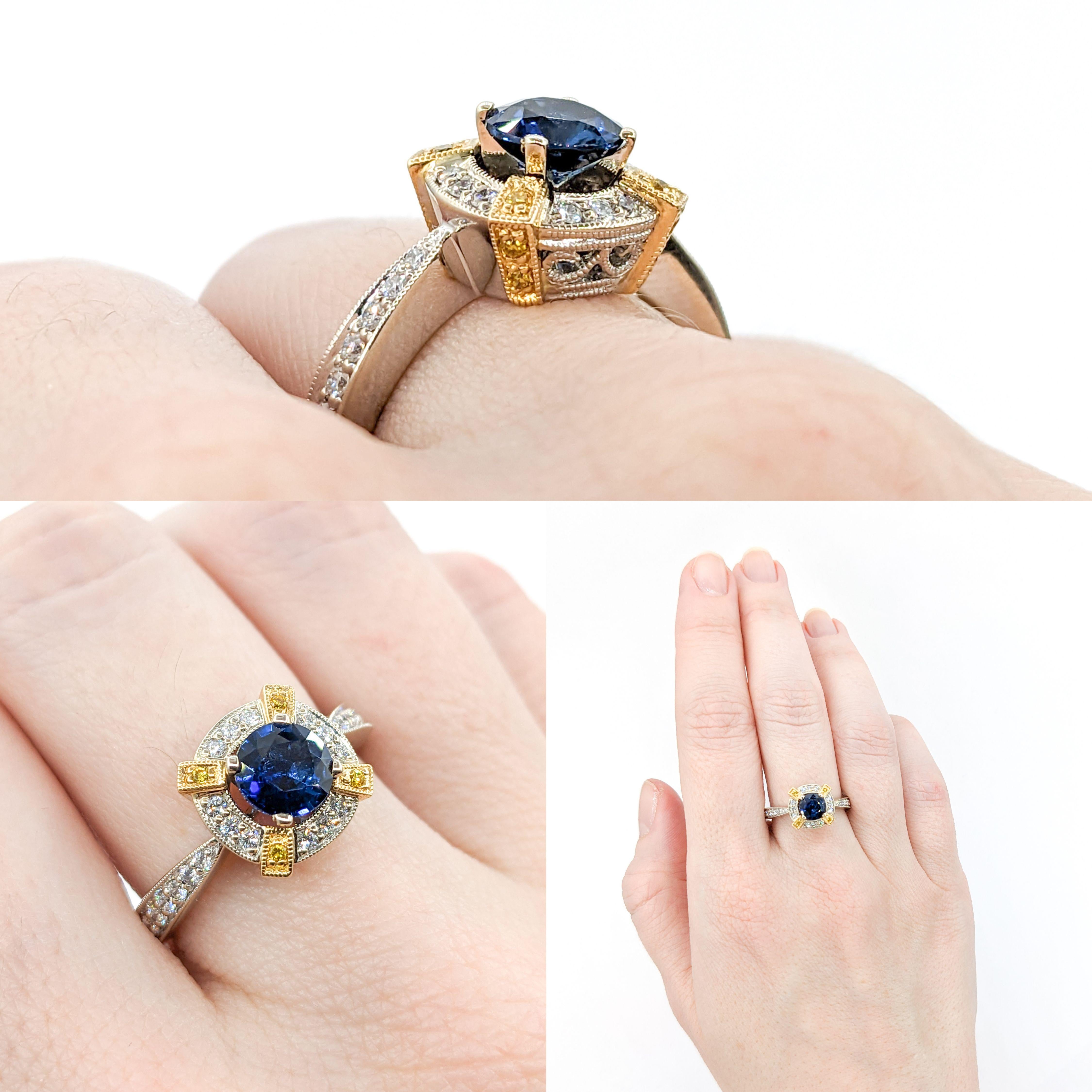 .89 Ring aus Zinnfarbenem Gold mit blauem Saphir und Diamant 

Erleben Sie den Charme dieses eleganten Saphirrings, der meisterhaft aus zweifarbigem 18-karätigem Gold gefertigt ist. Dieses Stück ist ein .89ct natürlicher Saphir, mit einem tiefblauen