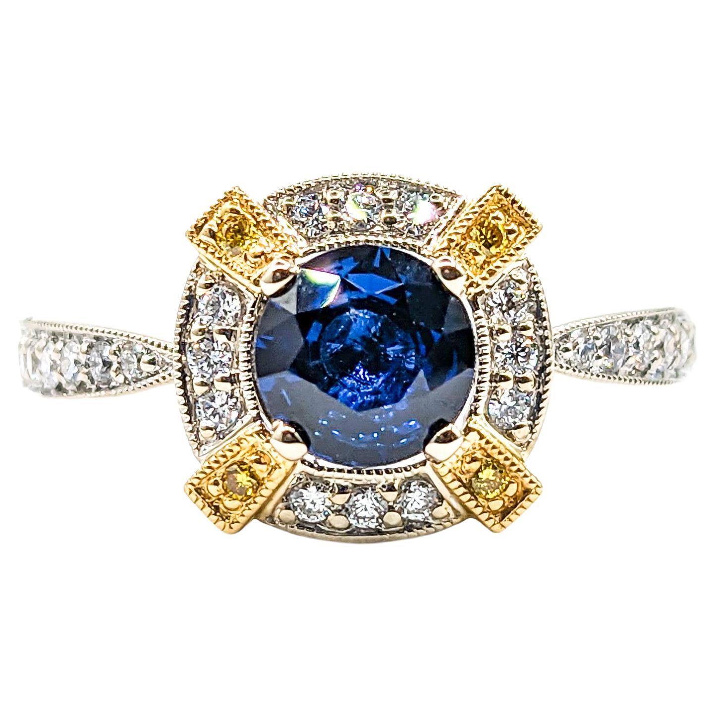 .89 Ring aus Zinnfarbenem Gold mit blauem Saphir und Diamant  im Angebot