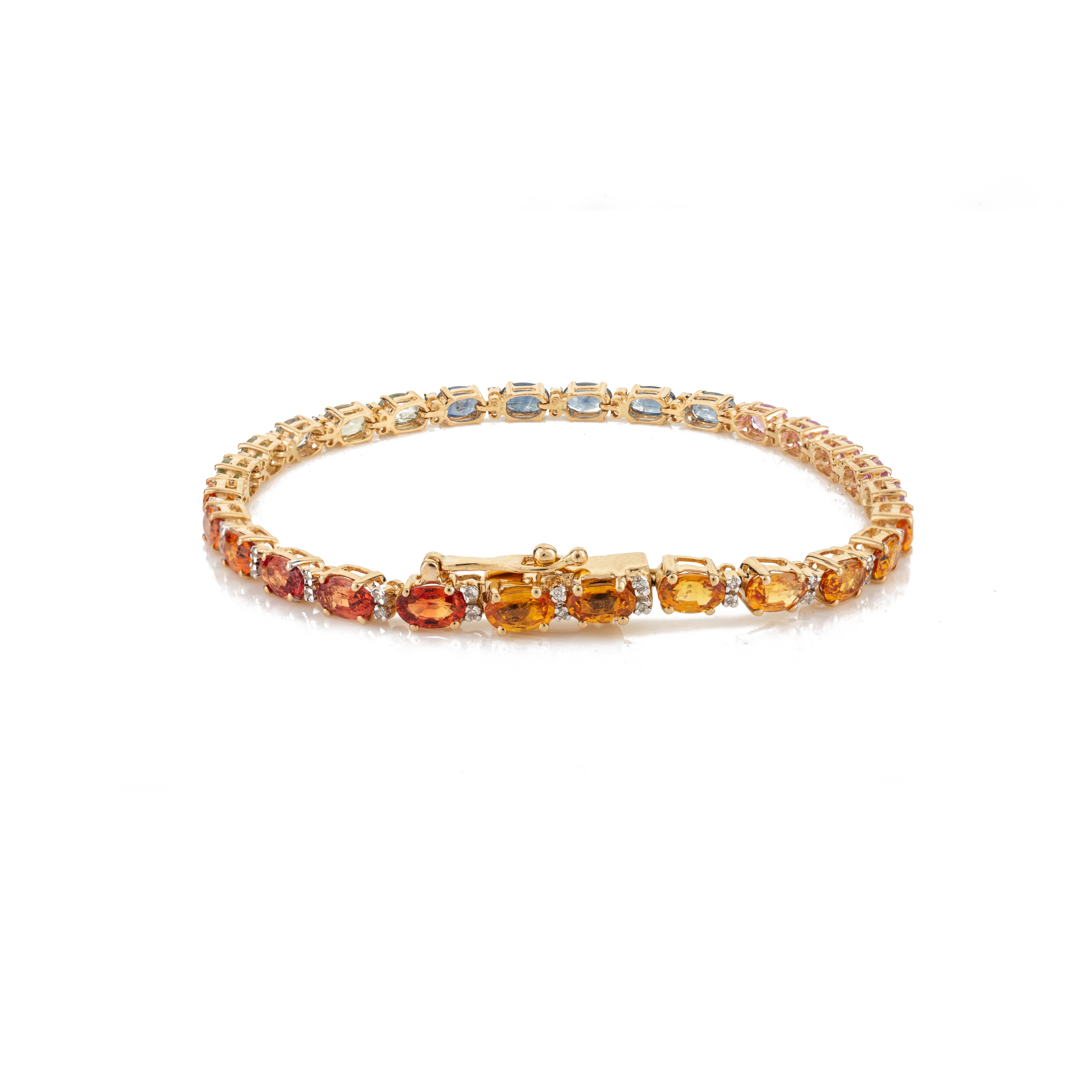 Art Nouveau 8.9 Carat Rainbow Sapphire Diamond 18k Yellow Gold Tennis Bracelet  For Sale