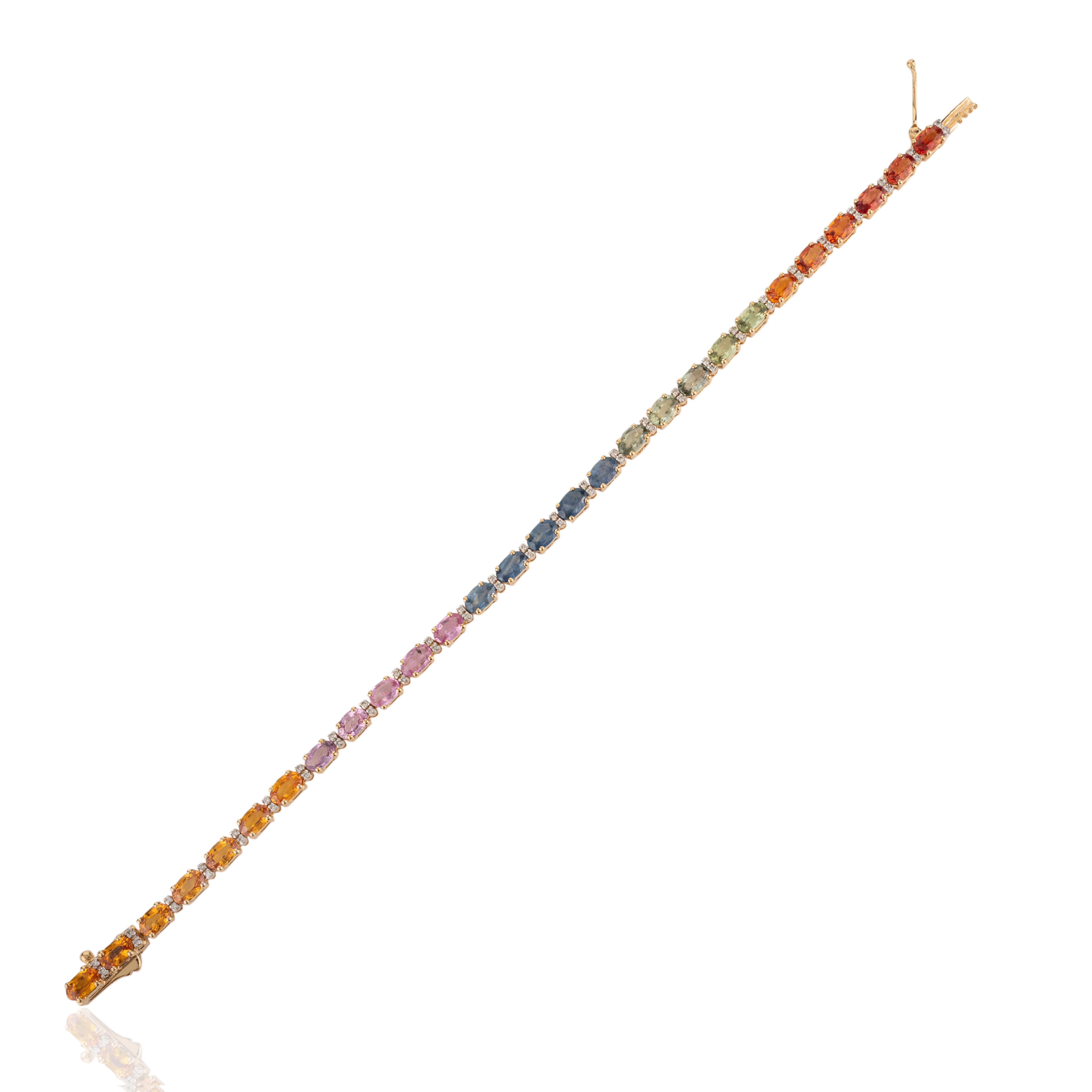 8.9 Karat Regenbogen-Saphir-Diamant-Tennisarmband aus 18k Gelbgold  im Zustand „Neu“ im Angebot in Houston, TX