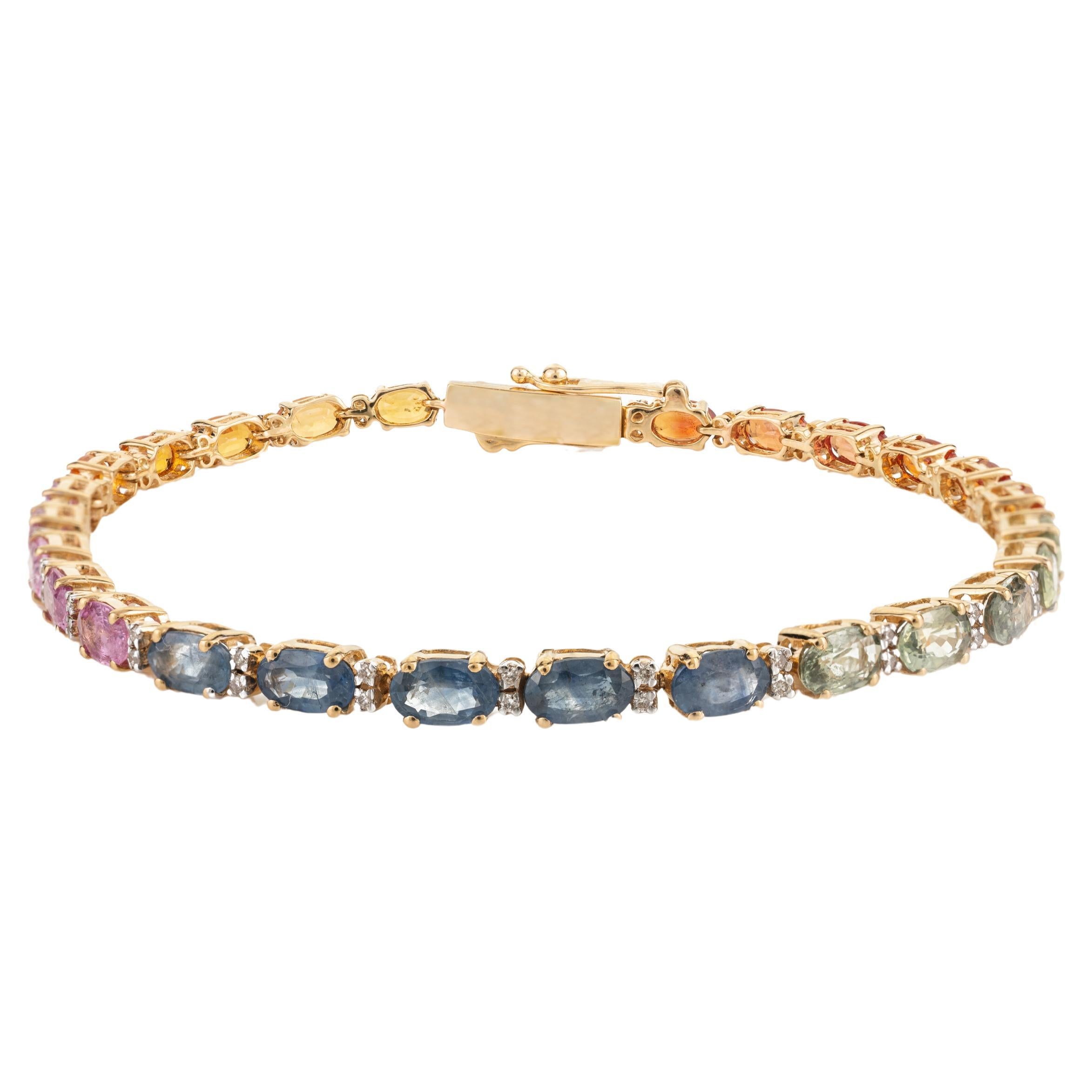 8.9 Carat Rainbow Sapphire Diamond 18k Yellow Gold Tennis Bracelet 