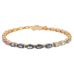8.9 Carat Rainbow Sapphire Diamond 18k Yellow Gold Tennis Bracelet 