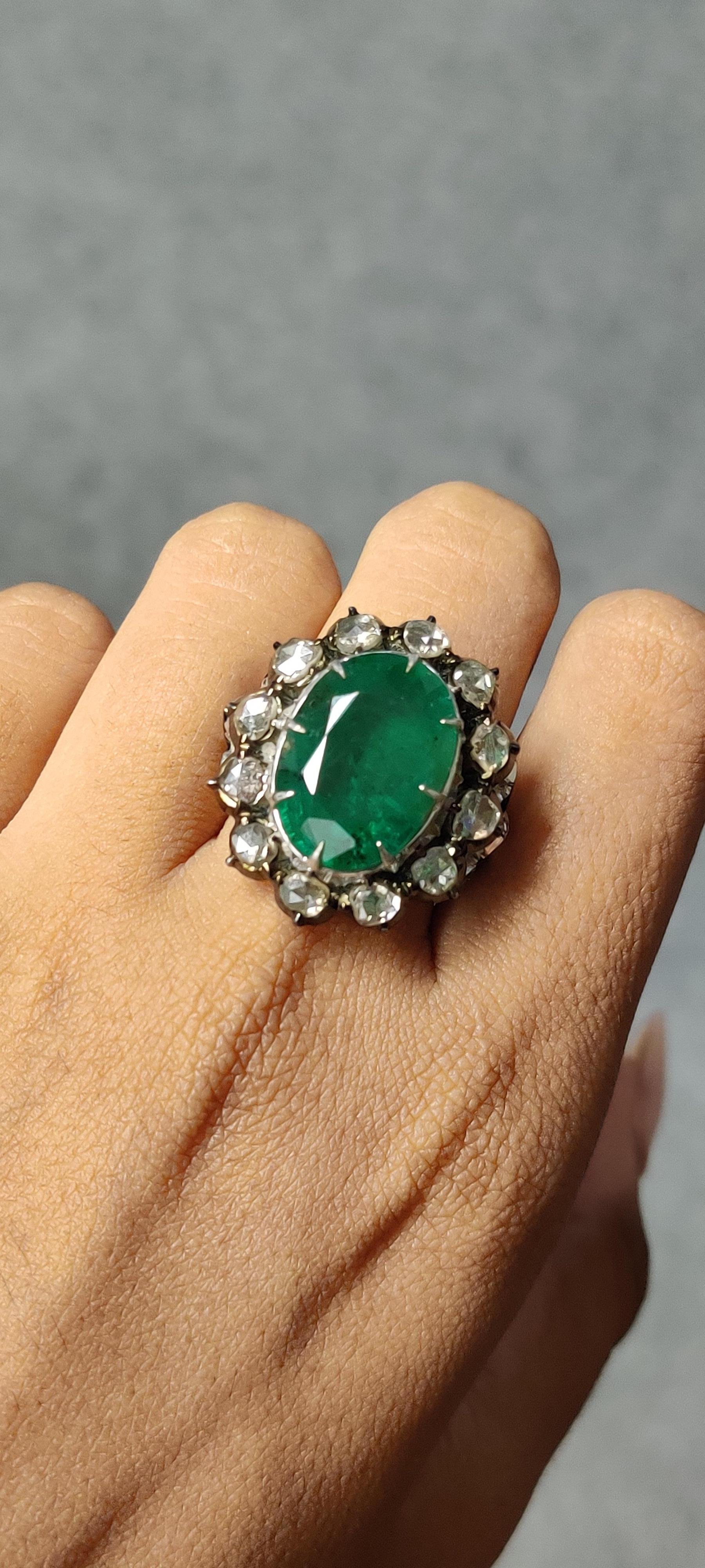  8.9 Ct Zambian Emerald Art Deco Ring with Rose Cut Diamonds in 14K White Gold For Sale 5