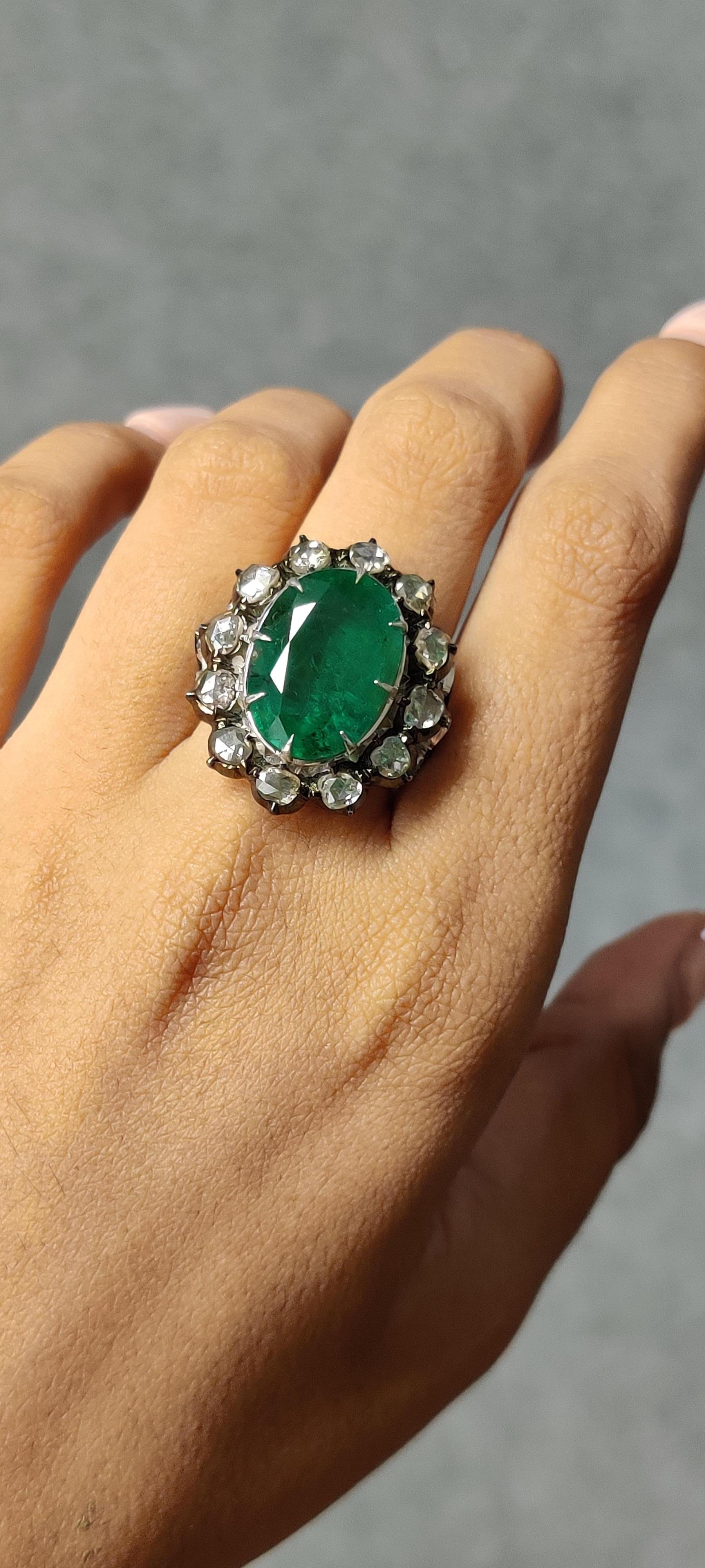  8.9 Ct Zambian Emerald Art Deco Ring with Rose Cut Diamonds in 14K White Gold For Sale 6