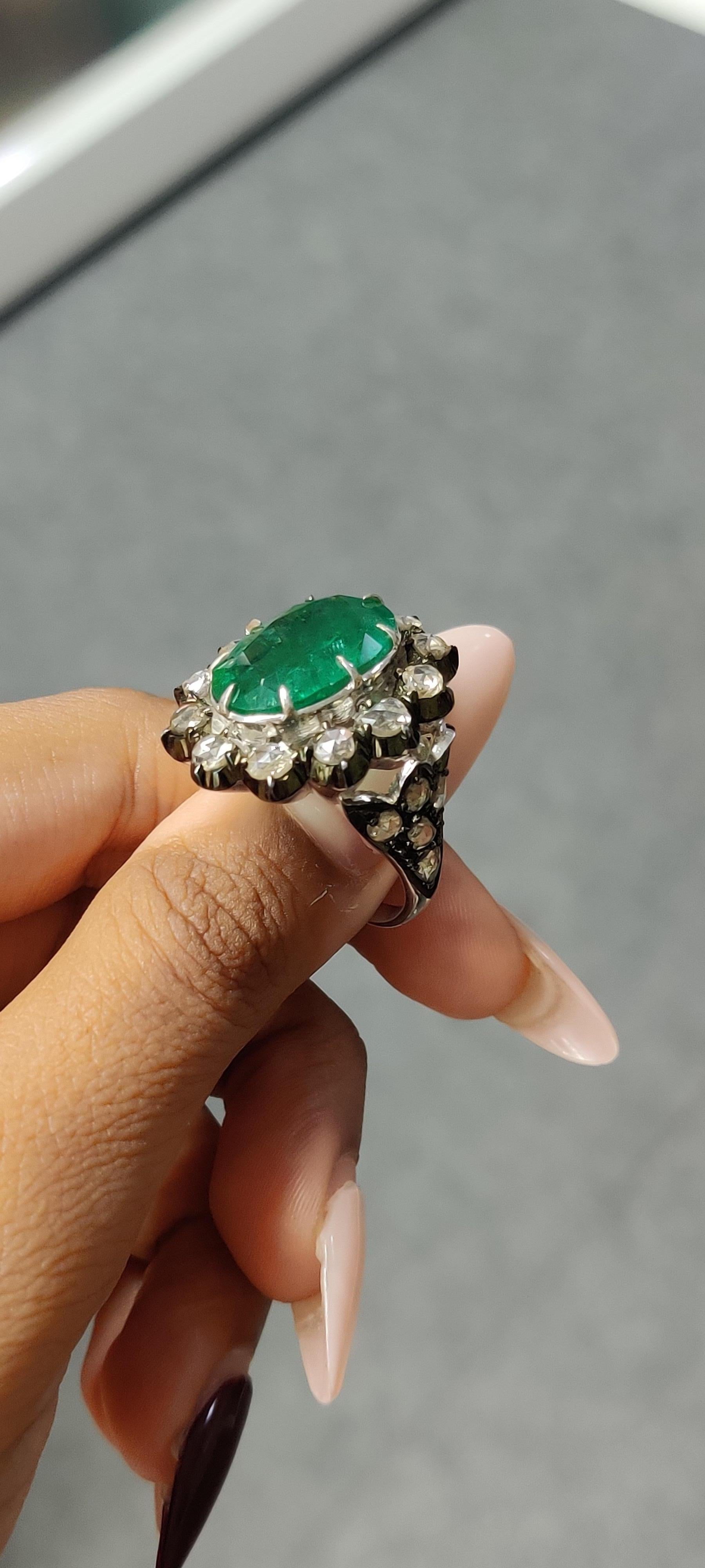  8.9 Ct Zambian Emerald Art Deco Ring with Rose Cut Diamonds in 14K White Gold For Sale 8