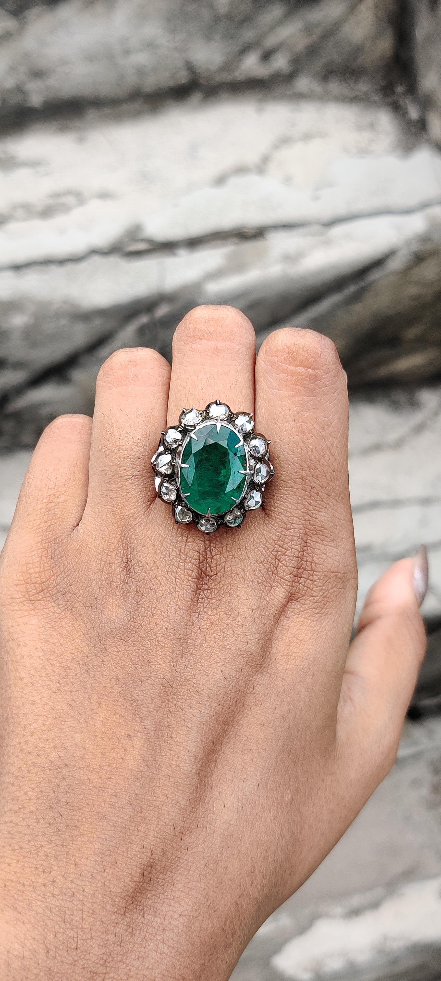  8.9 Ct Zambian Emerald Art Deco Ring with Rose Cut Diamonds in 14K White Gold For Sale 1
