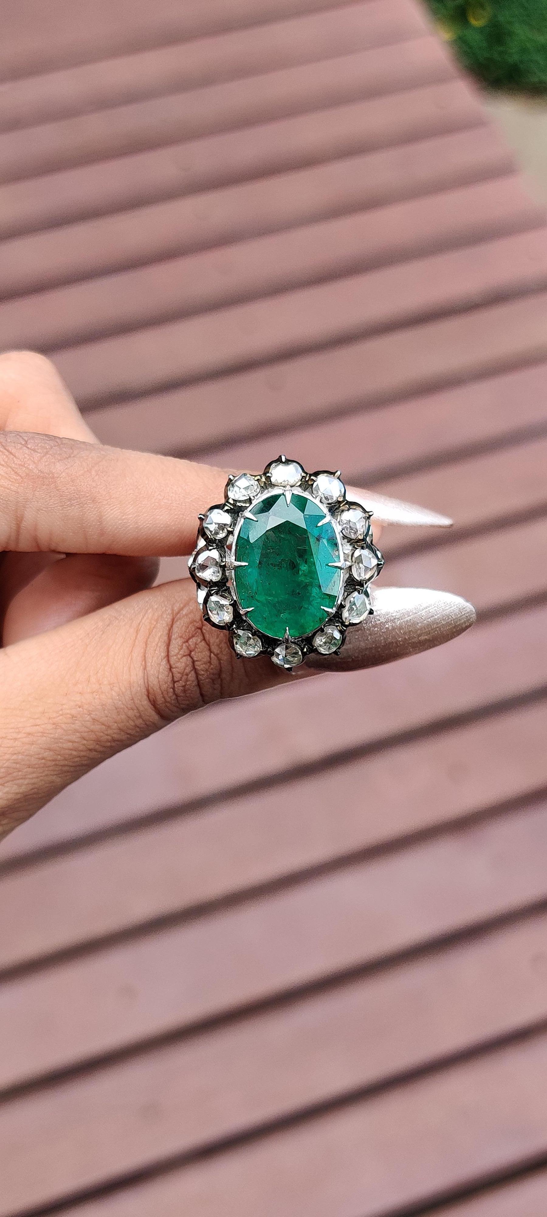  8.9 Ct Zambian Emerald Art Deco Ring with Rose Cut Diamonds in 14K White Gold For Sale 2