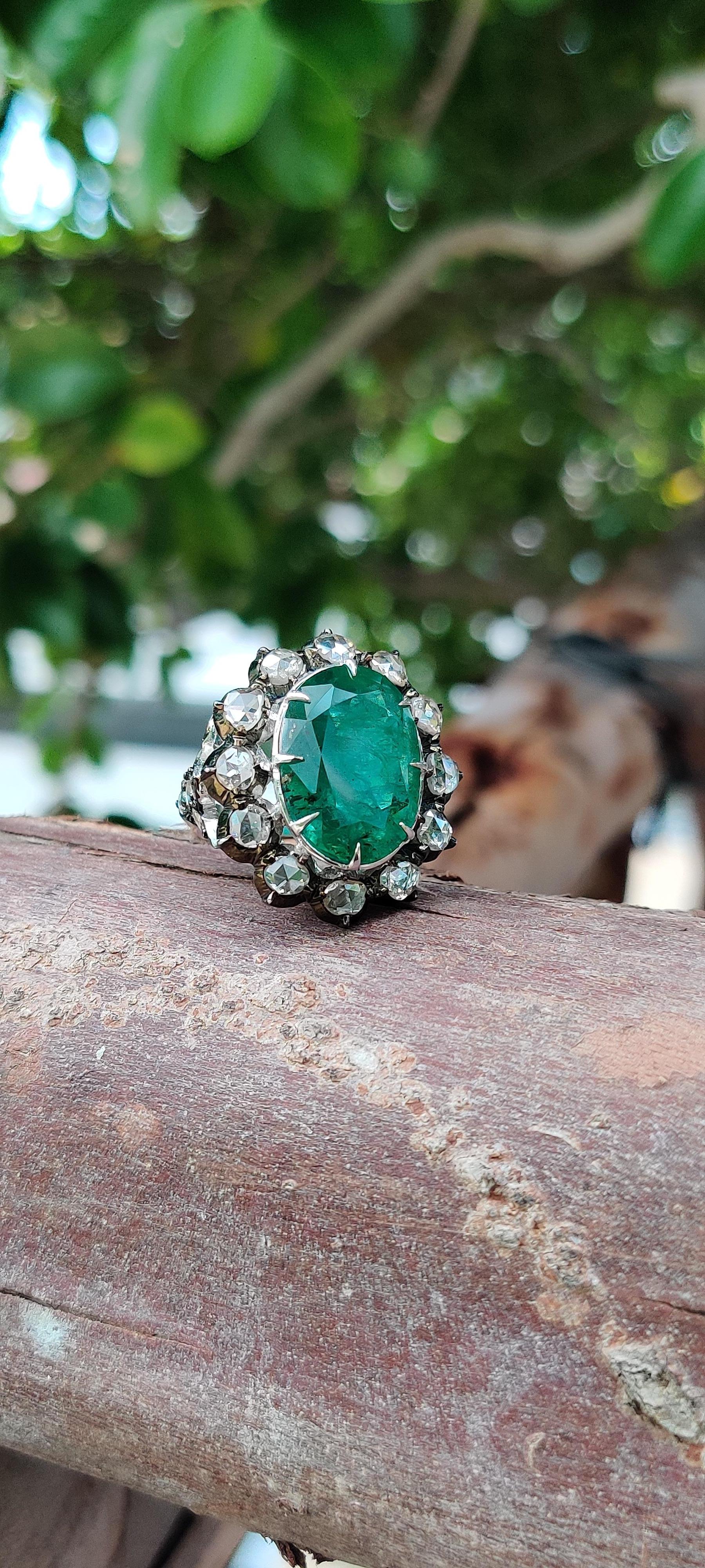  8.9 Ct Zambian Emerald Art Deco Ring with Rose Cut Diamonds in 14K White Gold For Sale 3