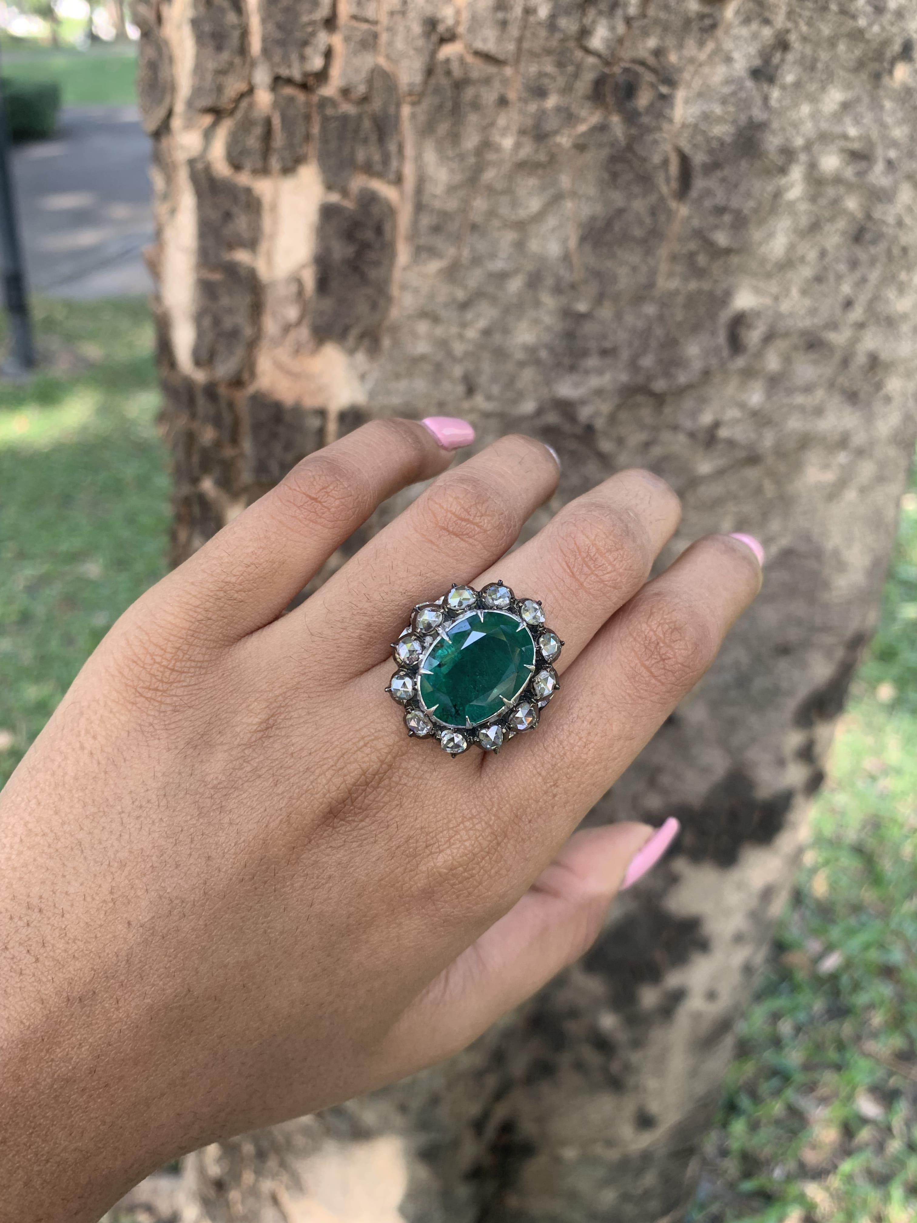  8.9 Ct Zambian Emerald Art Deco Ring with Rose Cut Diamonds in 14K White Gold For Sale 4