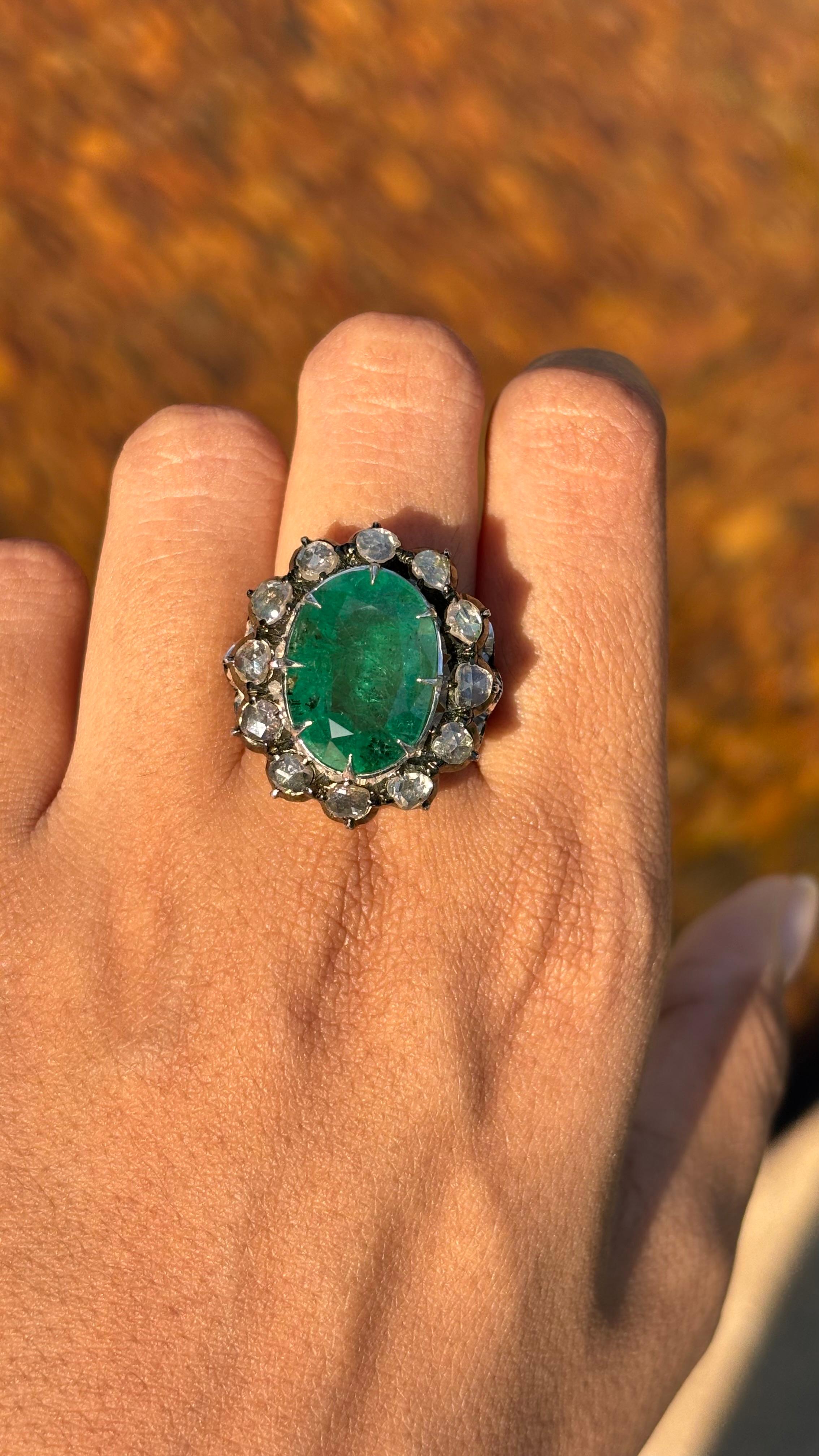 8.9 Ct Zambian Emerald Art Deco Ring with Rose Cut Diamonds in 14K White Gold 9
