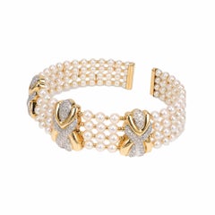 8.90 Carat 4-Row Pearl Diamond Yellow Gold Multi-Strand Choker Necklace