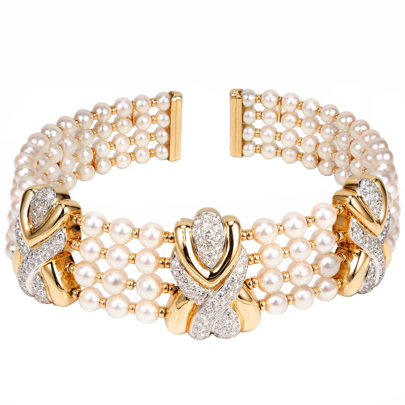 8.90 Carat 4-Row Pearl Diamond Yellow Gold Multi-Strand Choker Necklace