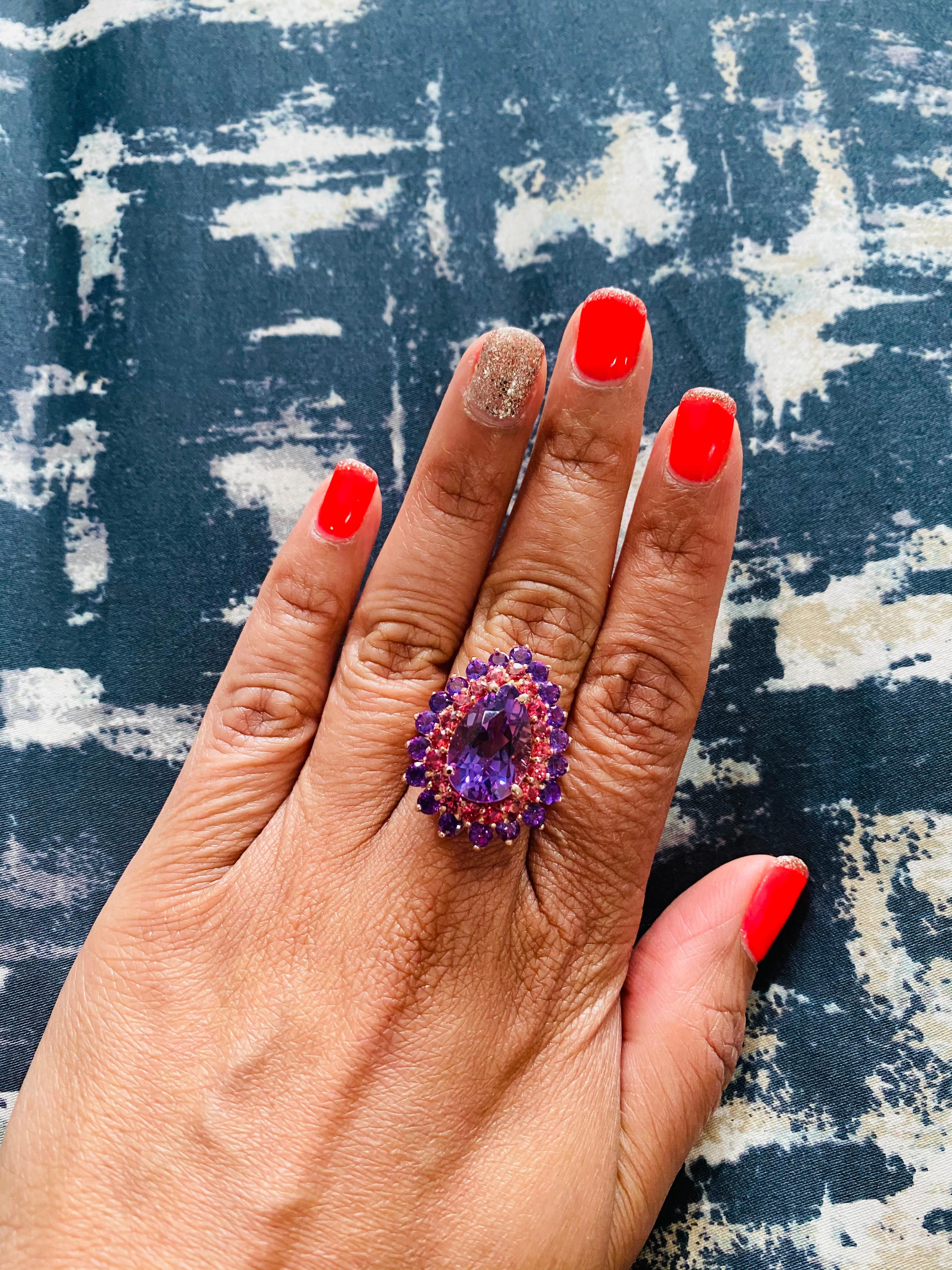 Women's 8.90 Carat Amethyst Sapphire Pear Cut Rose Gold Cocktail Ring For Sale