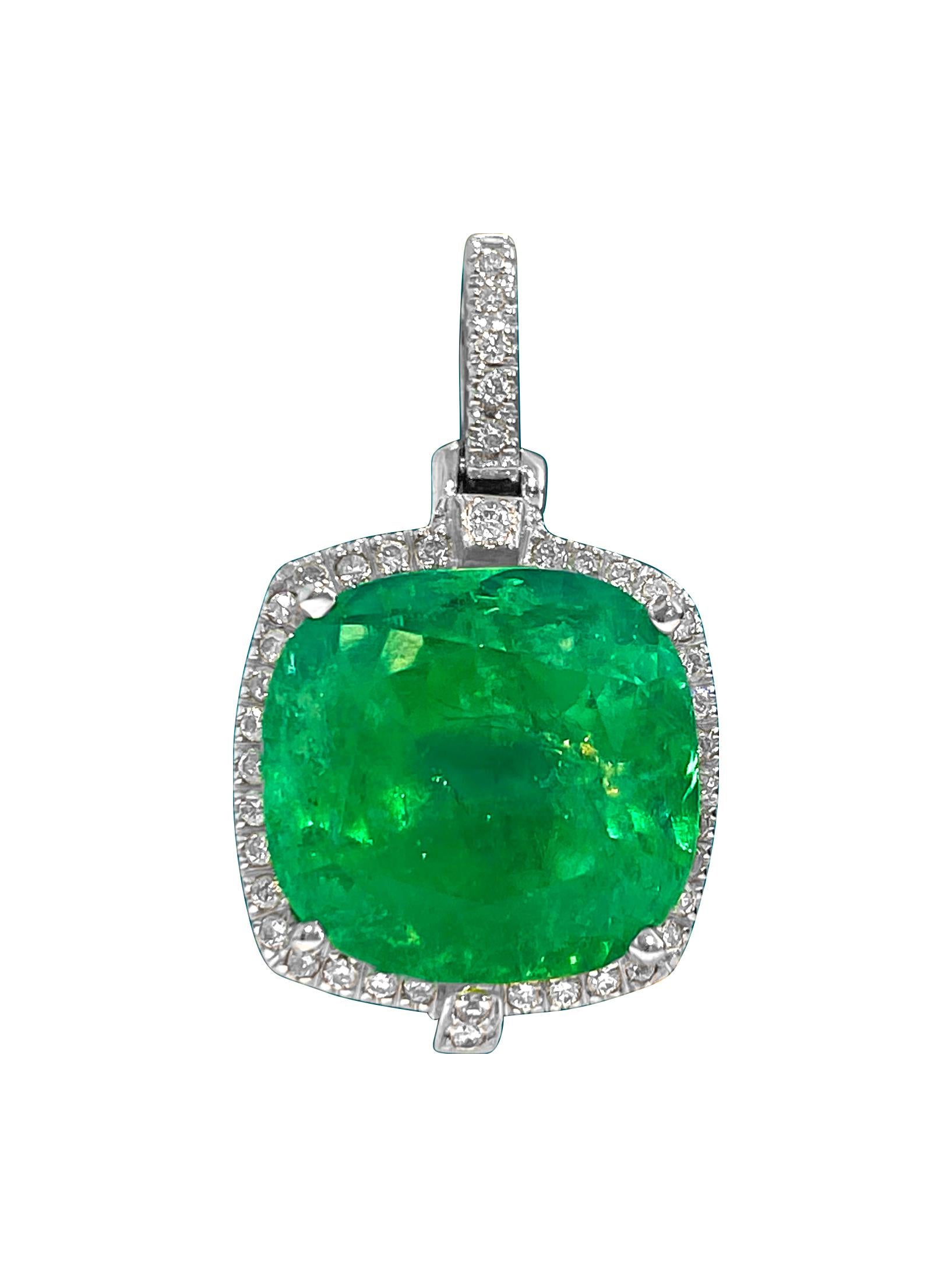 Cushion Cut 8.90 Carat Colombian Emerald and Diamond Pendant For Sale