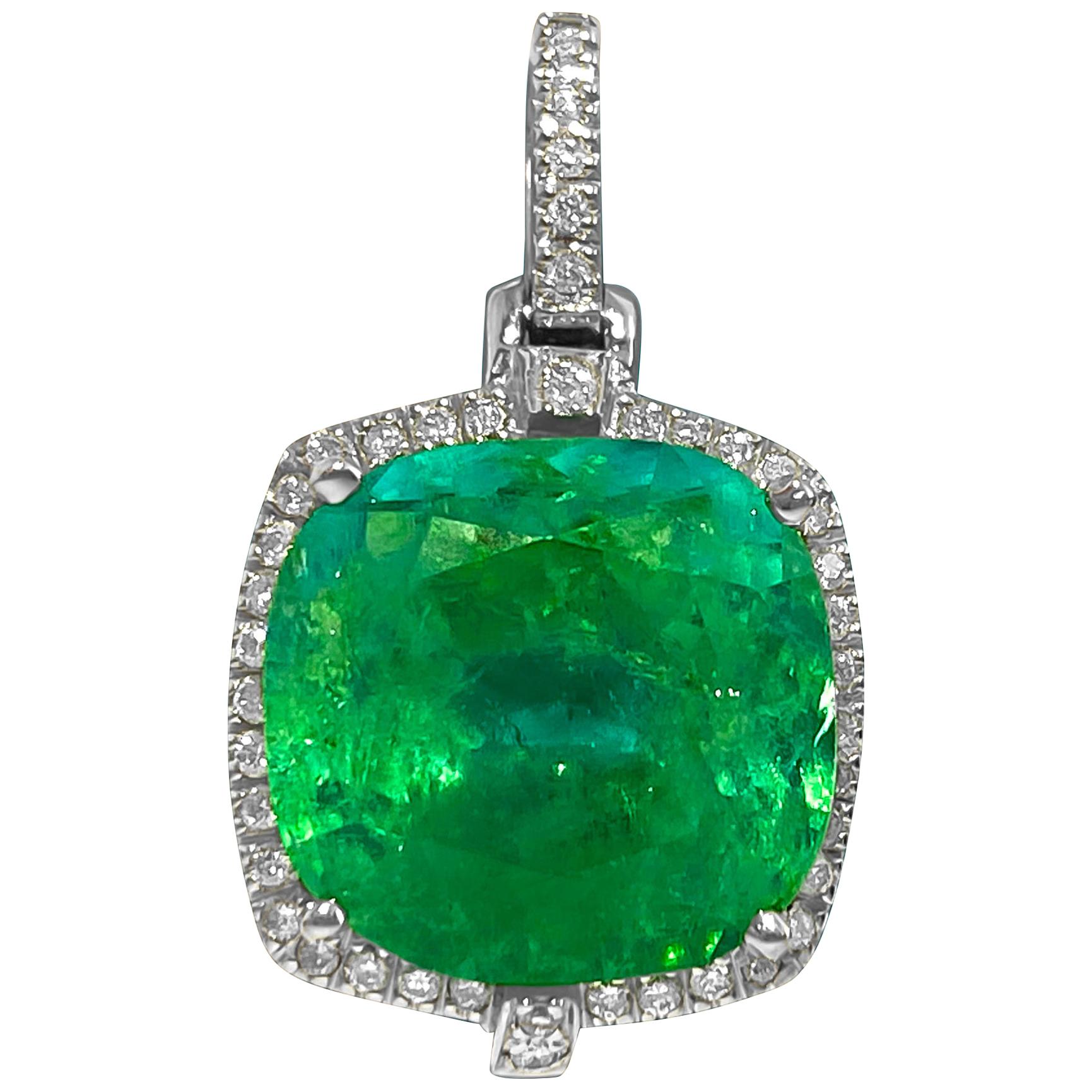 8.90 Carat Colombian Emerald and Diamond Pendant For Sale