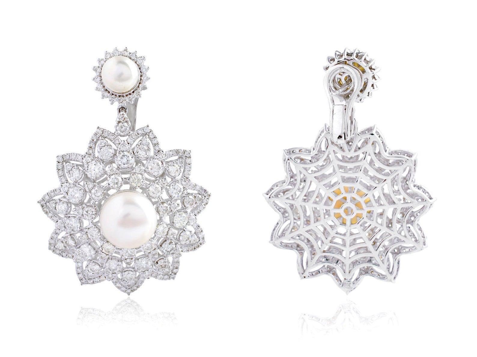 Modern 8.90 Carat Diamond 18 Karat White Gold Pearl Flower Earrings For Sale