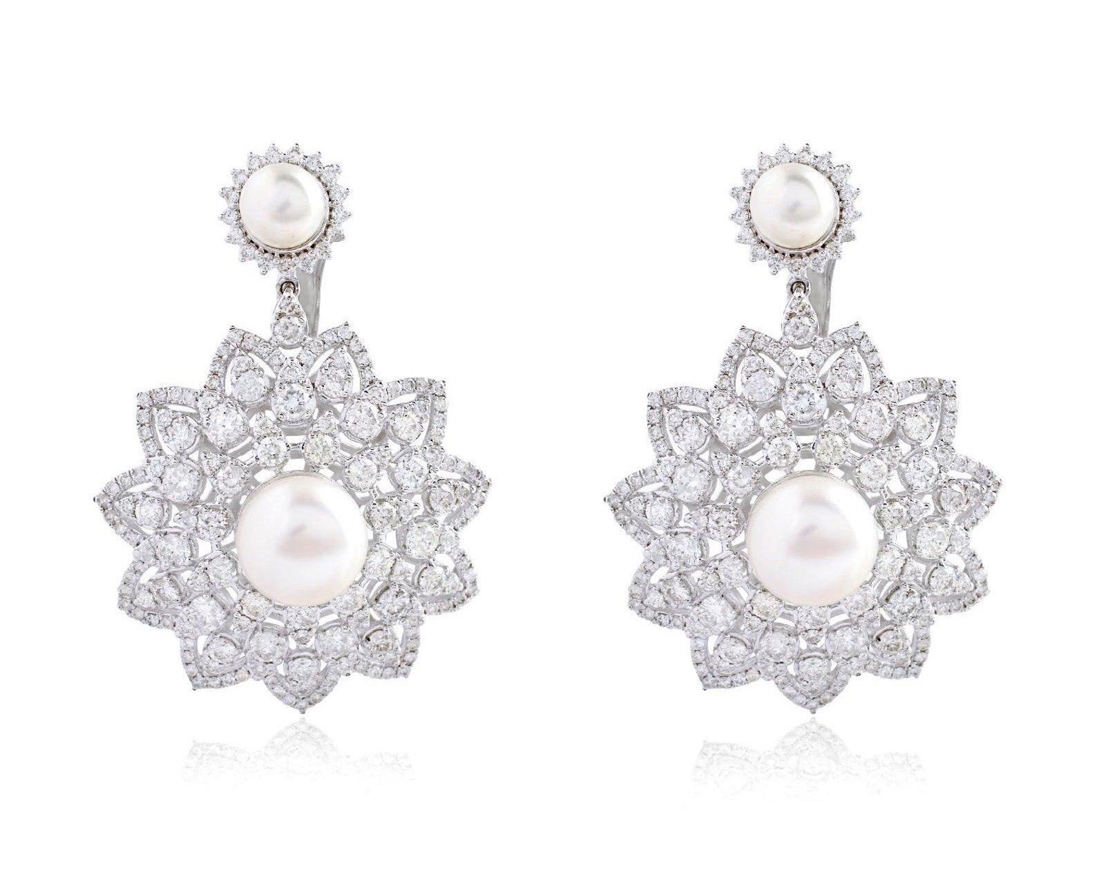 Mixed Cut 8.90 Carat Diamond 18 Karat White Gold Pearl Flower Earrings For Sale