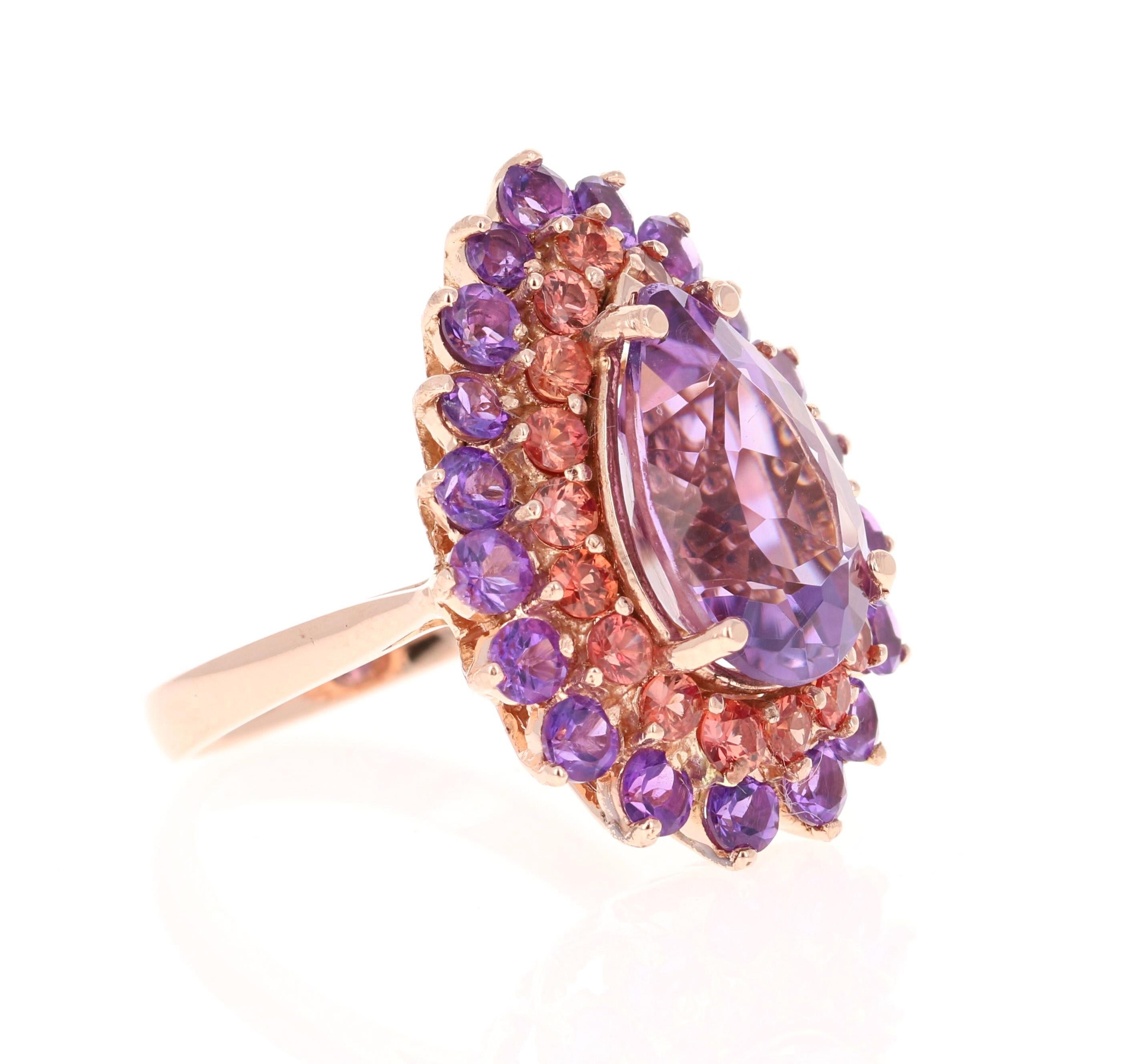 Contemporary 8.90 Carat Amethyst Sapphire Pear Cut Rose Gold Cocktail Ring For Sale