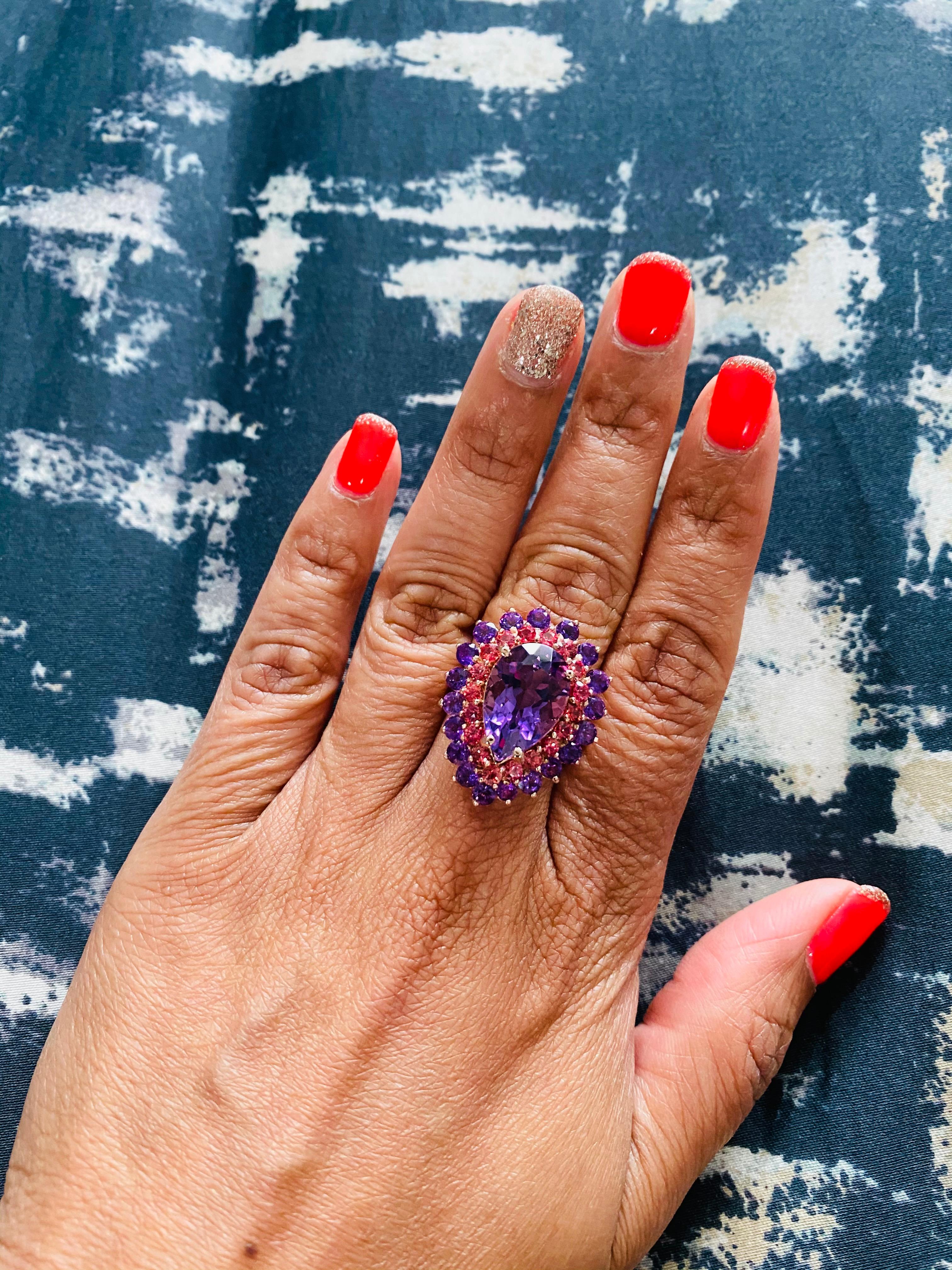 8.90 Carat Amethyst Sapphire Pear Cut Rose Gold Cocktail Ring For Sale 3