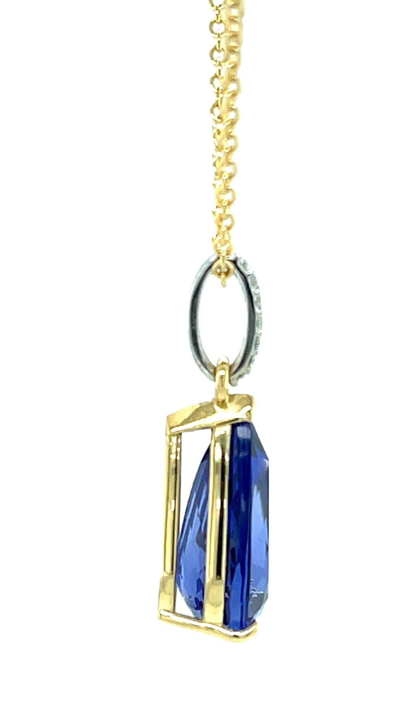 Pear Cut 8.90 Carat Tanzanite & Diamond Pendant Necklace in White and Yellow Gold For Sale