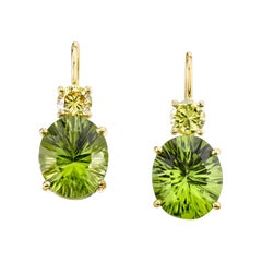 8.90 Carat Total Peridot, Yellow Diamond, Yellow Gold Lever Back Drop Earrings