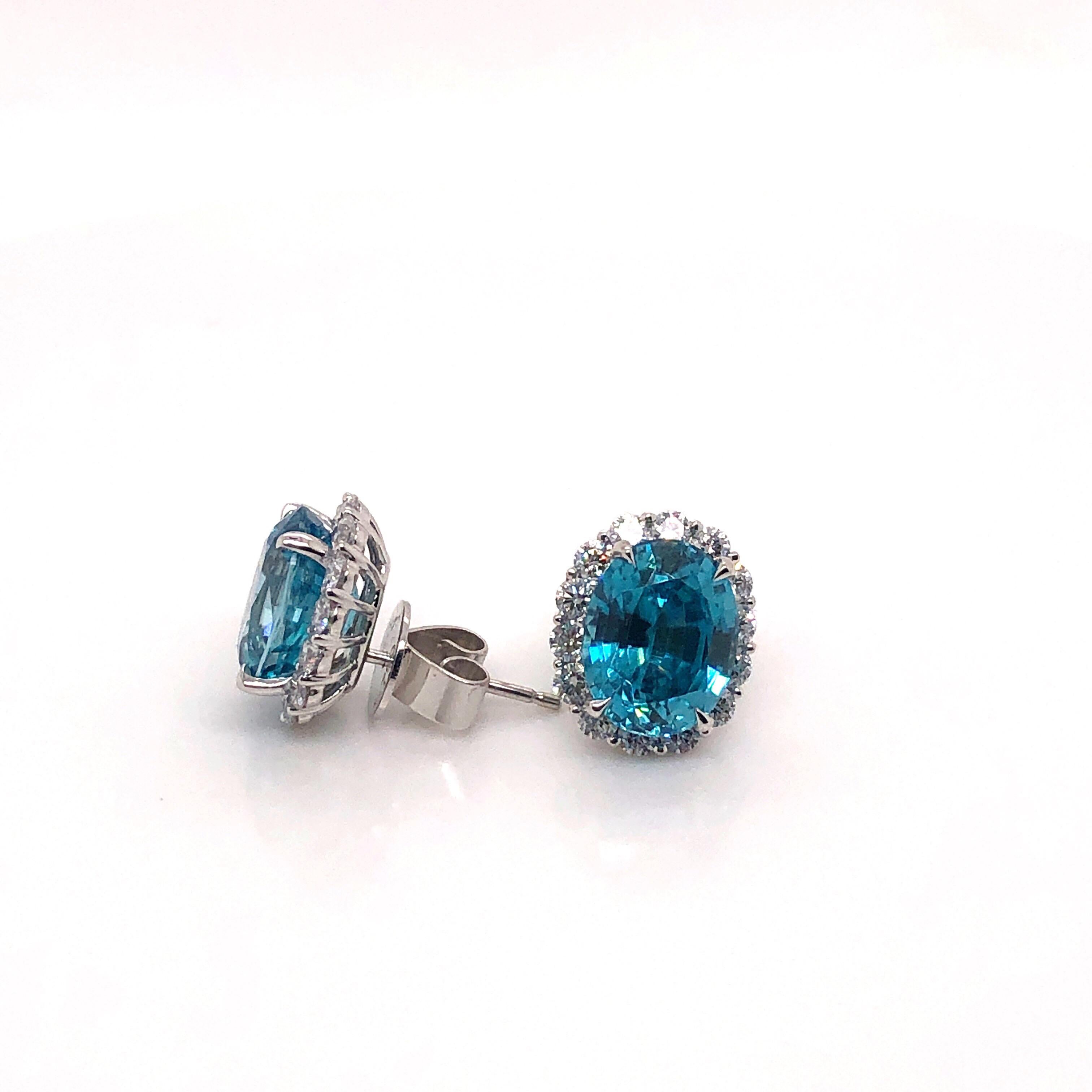 8.90 Carat Blue Oval Zircon Stud Earrings with 1.30 Carat Round Diamond Halos In New Condition For Sale In Houston, TX