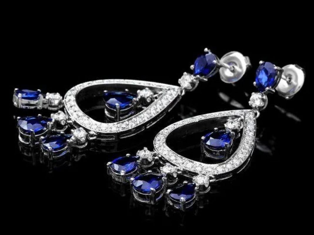 Mixed Cut 8.90 Carats Natural Sapphire and Diamond 14K Solid White Gold Earrings For Sale