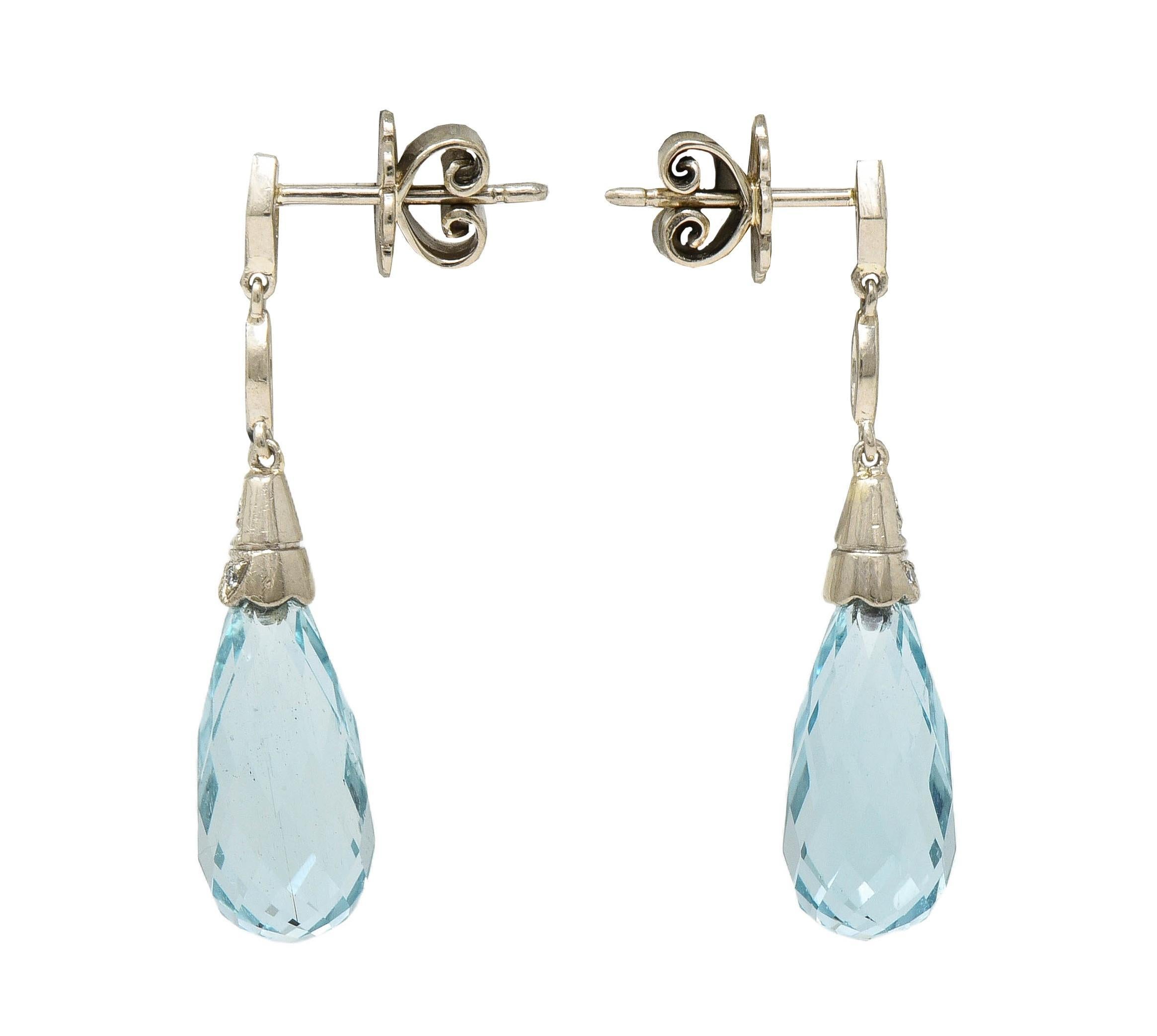 Briolette Cut 8.90 CTW Aquamarine Diamond 18K Gold Vintage Briolette Drop Earrings