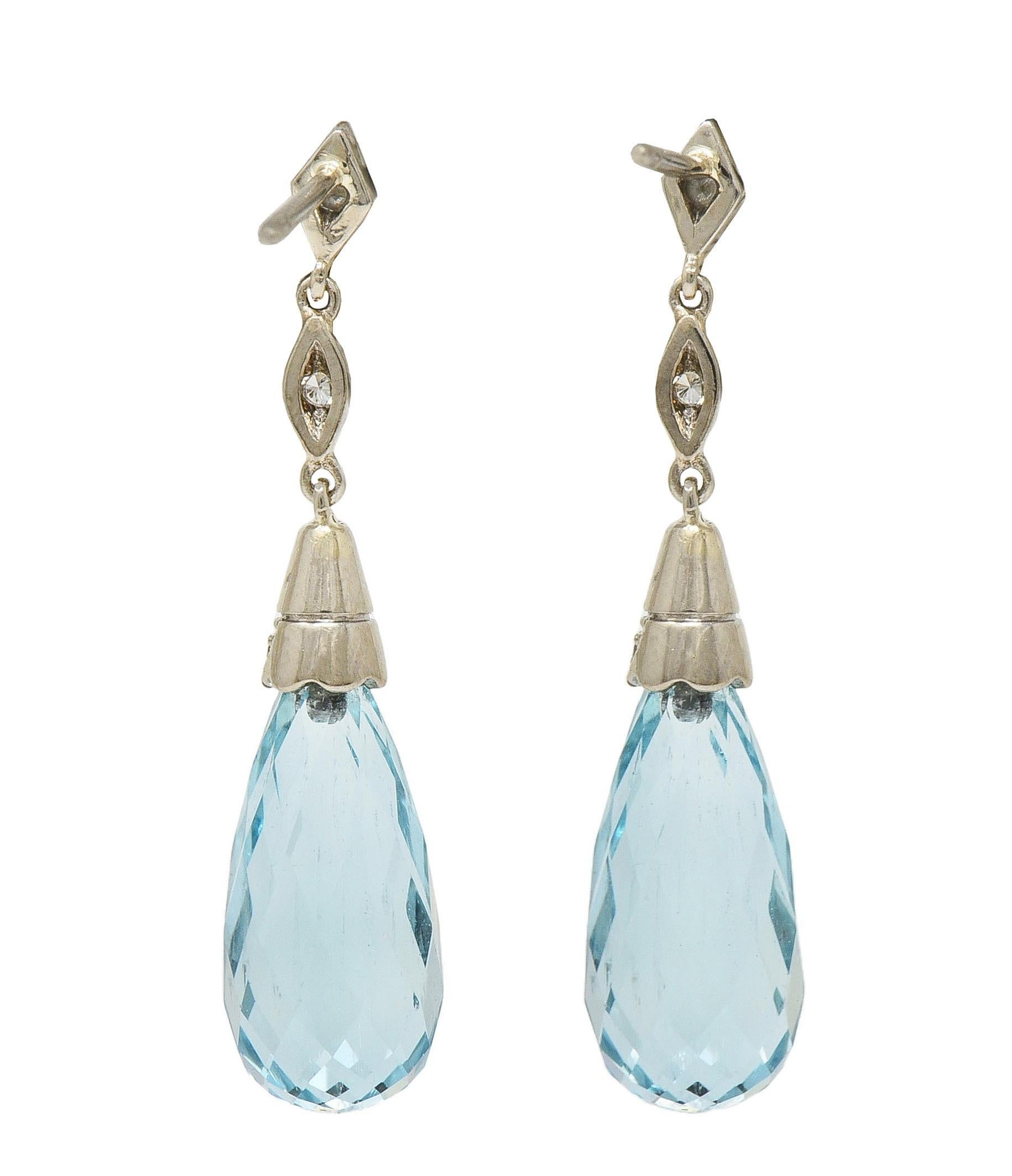 Women's 8.90 CTW Aquamarine Diamond 18K Gold Vintage Briolette Drop Earrings