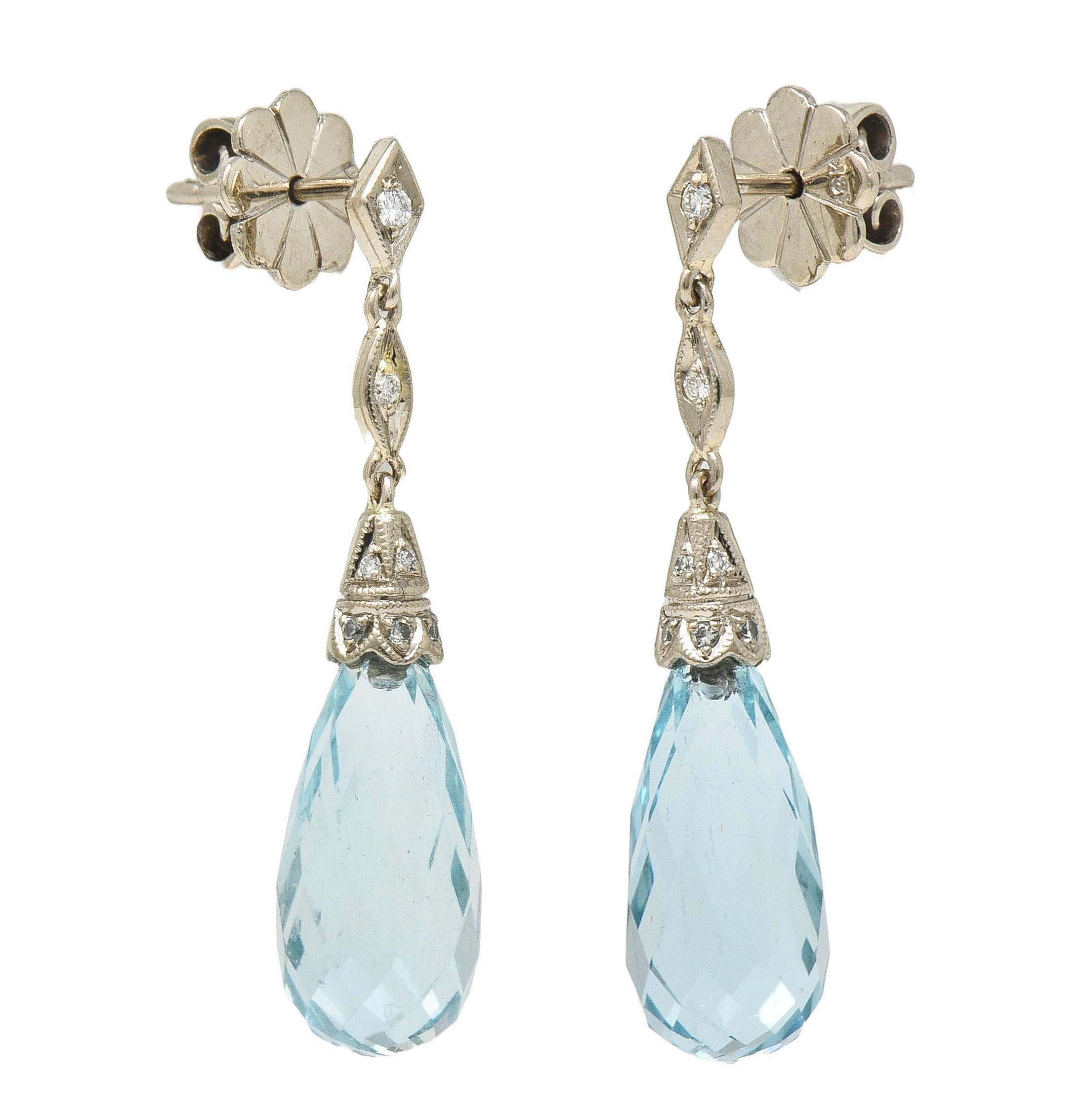 8.90 CTW Aquamarine Diamond 18K Gold Vintage Briolette Drop Earrings 1