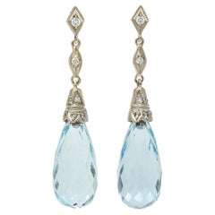 8.90 CTW Aquamarine Diamond 18K Gold Vintage Briolette Drop Earrings