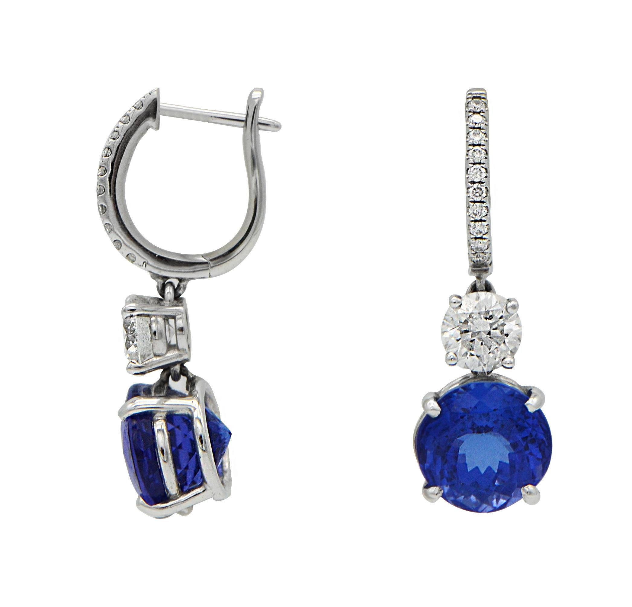 Round Cut 8.90 Total Carat Tanzanite and Diamond Drop Earrings in 18K White Gold For Sale
