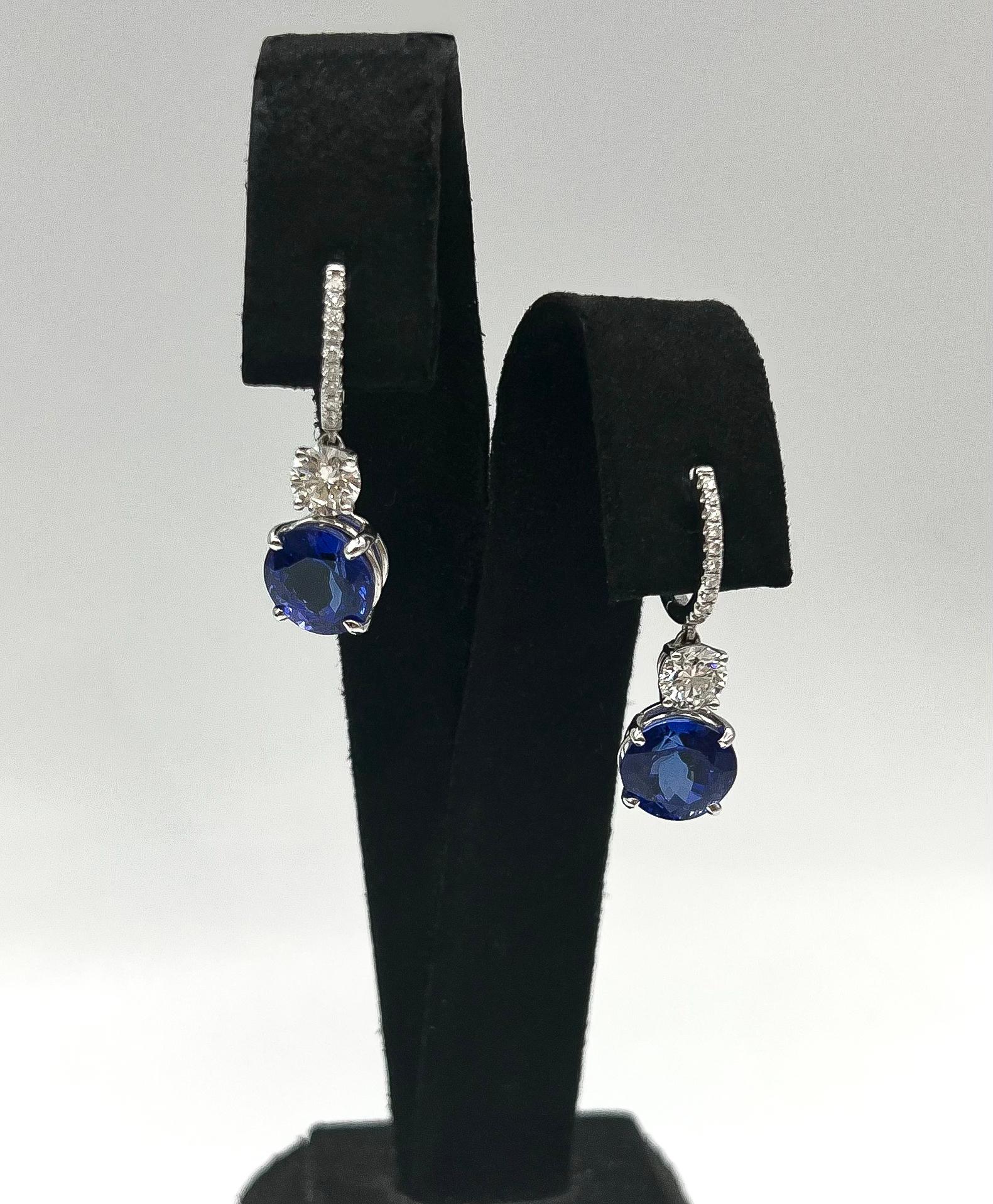 Women's or Men's 8.90 Total Carat Tanzanite and Diamond Drop Earrings in 18K White Gold For Sale