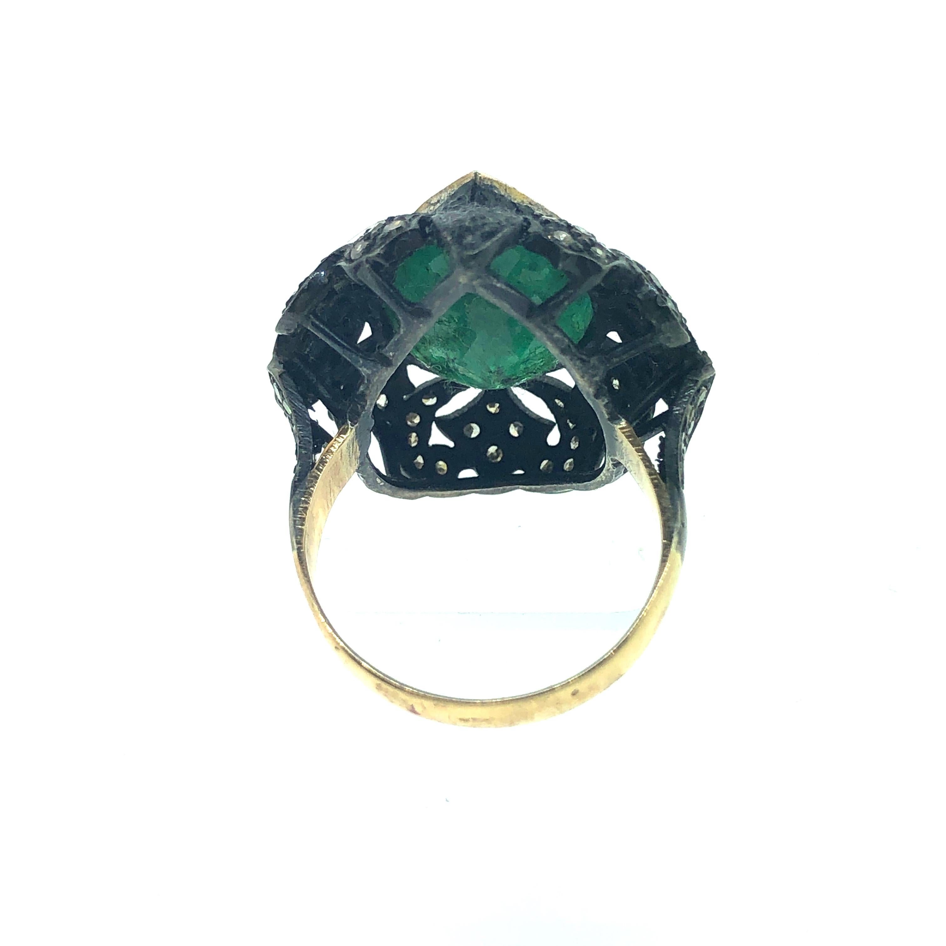 Pear Cut 8.90 Carat Emerald 0.90 Carat Diamond Ring in Oxidized Sterling Silver, 18k Gold For Sale