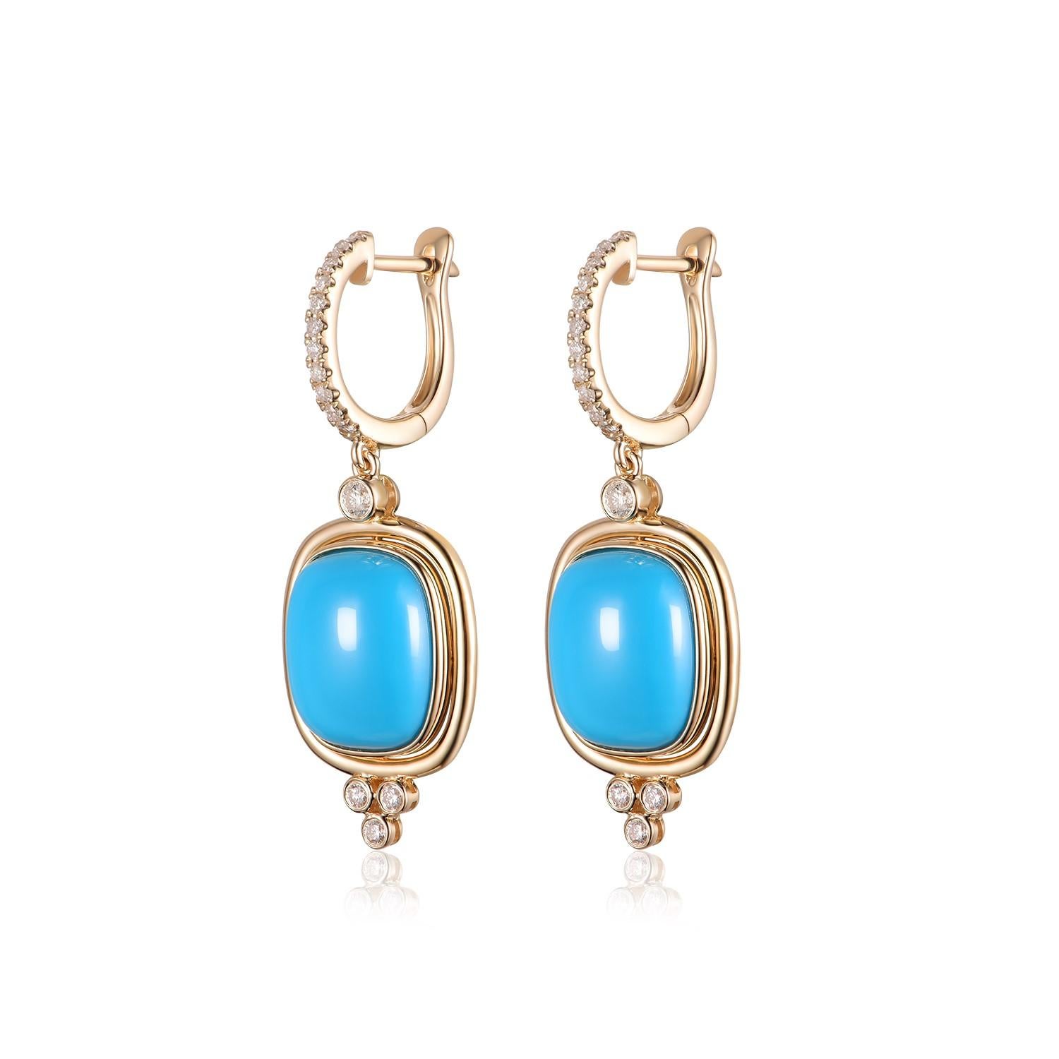 These elegant earrings exude a timeless charm, beautifully blending the serene beauty of Turquoise with the enduring allure of diamonds and yellow gold.

At the center of each earring is a captivating cushion-cut Turquoise, weighing a total of 8.90