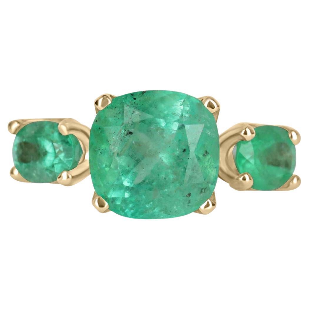 8.90tcw 14K Three Stone Emerald Cushion & Oval Cut Gold Ring For Sale