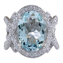 Stunning Natural Aquamarine Diamond Ring In 14 Karat White Gold