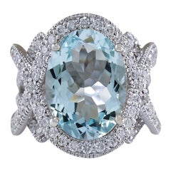 Stunning Natural Aquamarine Diamond Ring In 14 Karat White Gold 