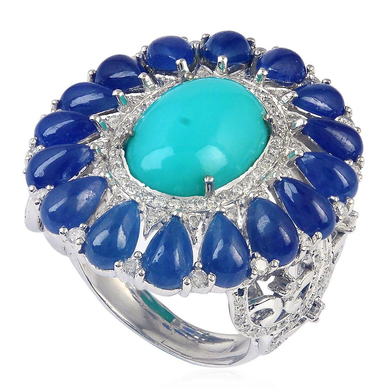 En vente :  Bague cocktail en or 18 carats avec saphir bleu, turquoise et diamant de 8,91 carats 3