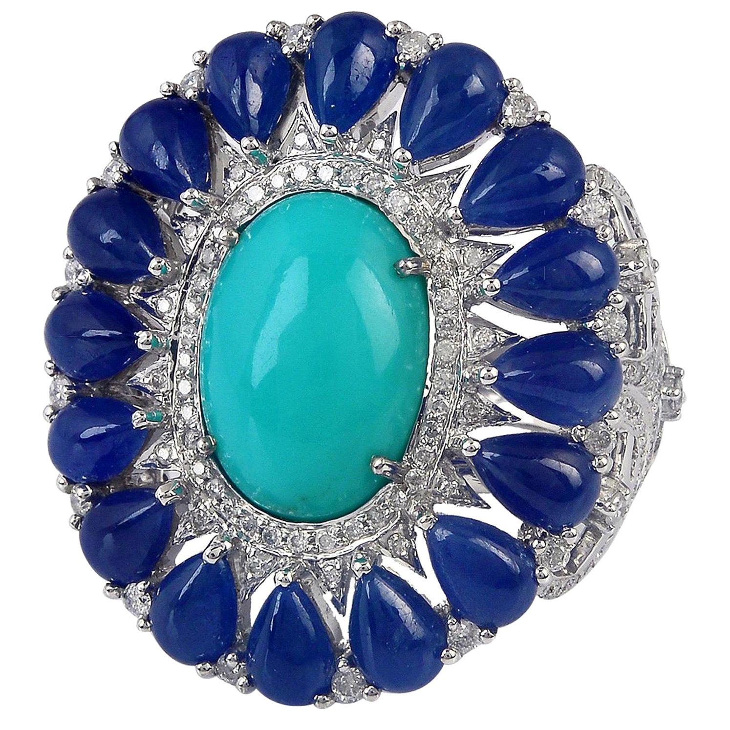 For Sale:  8.91 Carat Blue Sapphire Turquoise Diamond 18 Karat Cocktail Ring
