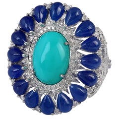 8.91 Carat Blue Sapphire Turquoise Diamond 18 Karat Cocktail Ring