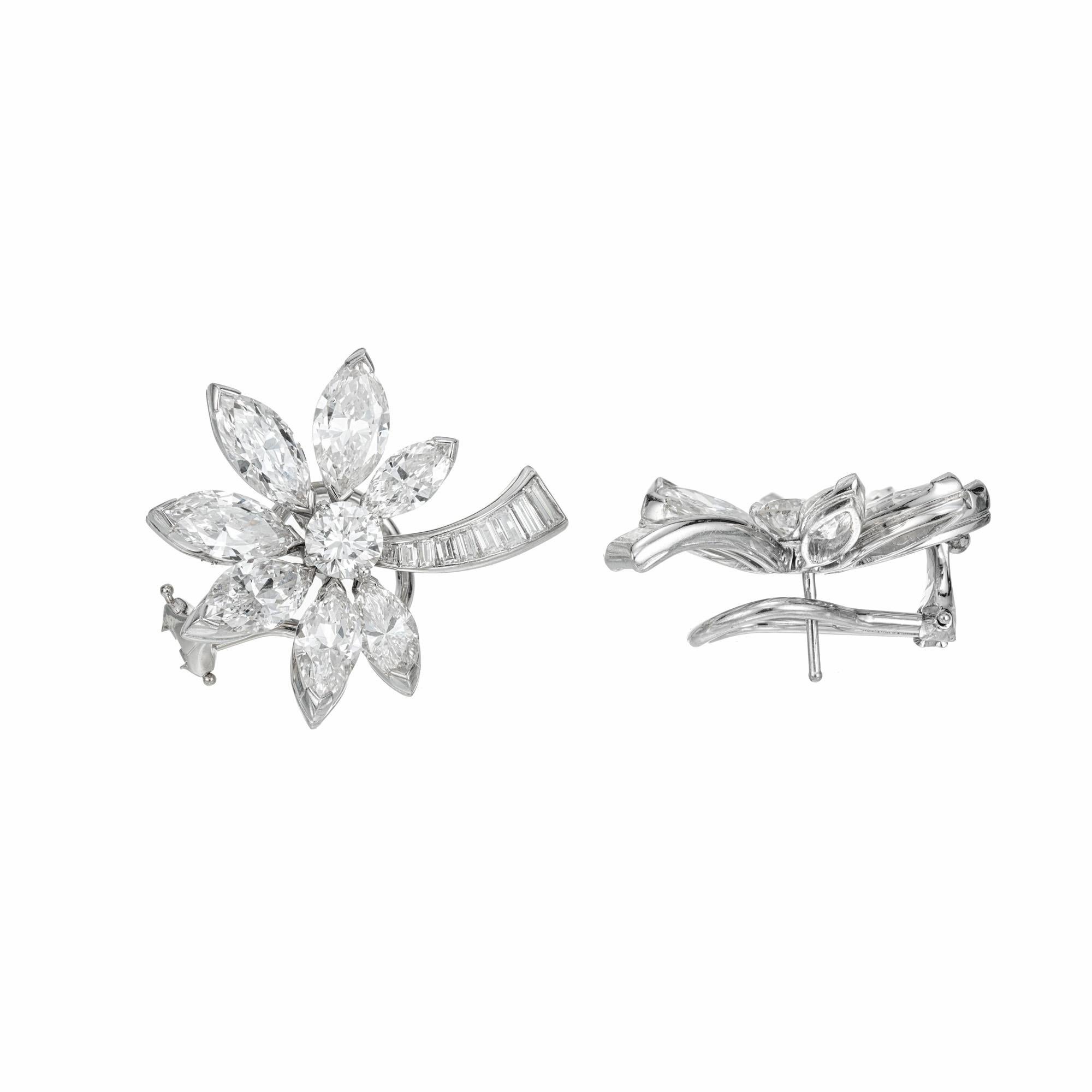 Round Cut 8.91 Carat Diamond Platinum Flower Clip Post Earrings For Sale