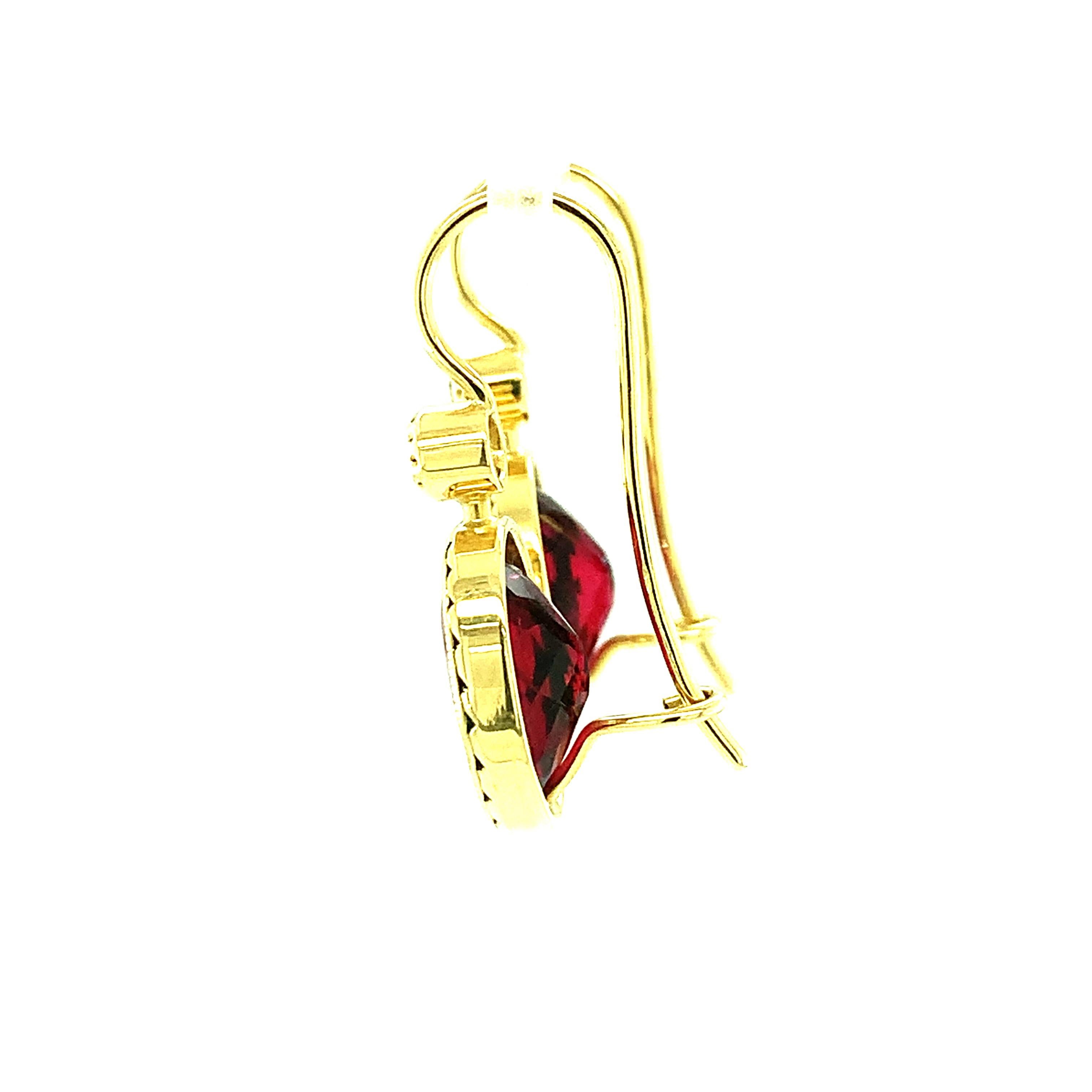 Artisan Rubellite and Diamond Drop Earrings, Handmade in Yellow Gold  For Sale