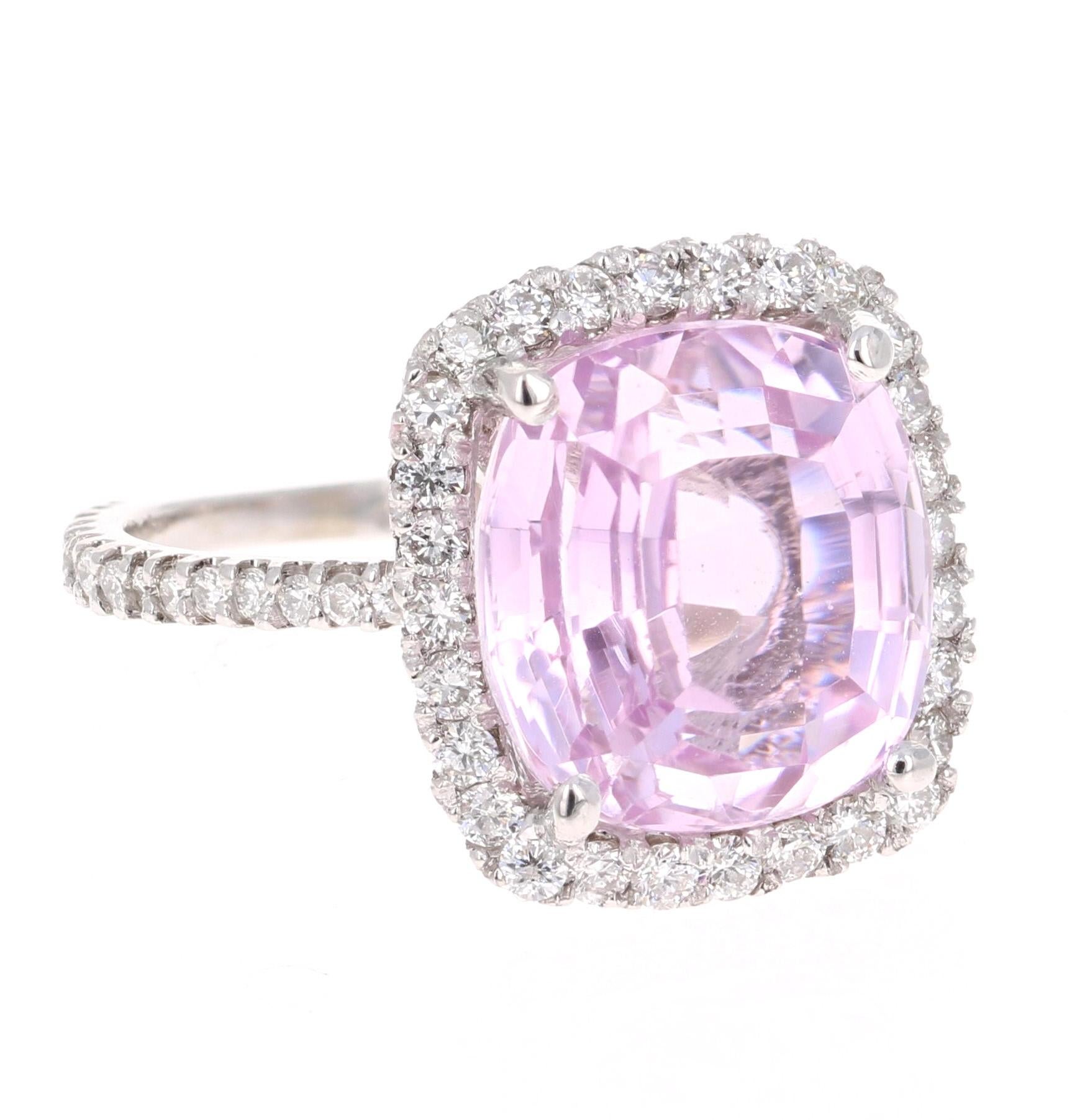A lovely Engagement Ring Option or as an alternate to a Pink Diamond Ring! 

This simply stunning Kunzite Diamond Ring has a 8.12 Carat Kunzite as its center and has a beautiful simple halo of 76 Round Cut Diamonds that weigh 0.80 carats (CLarity: