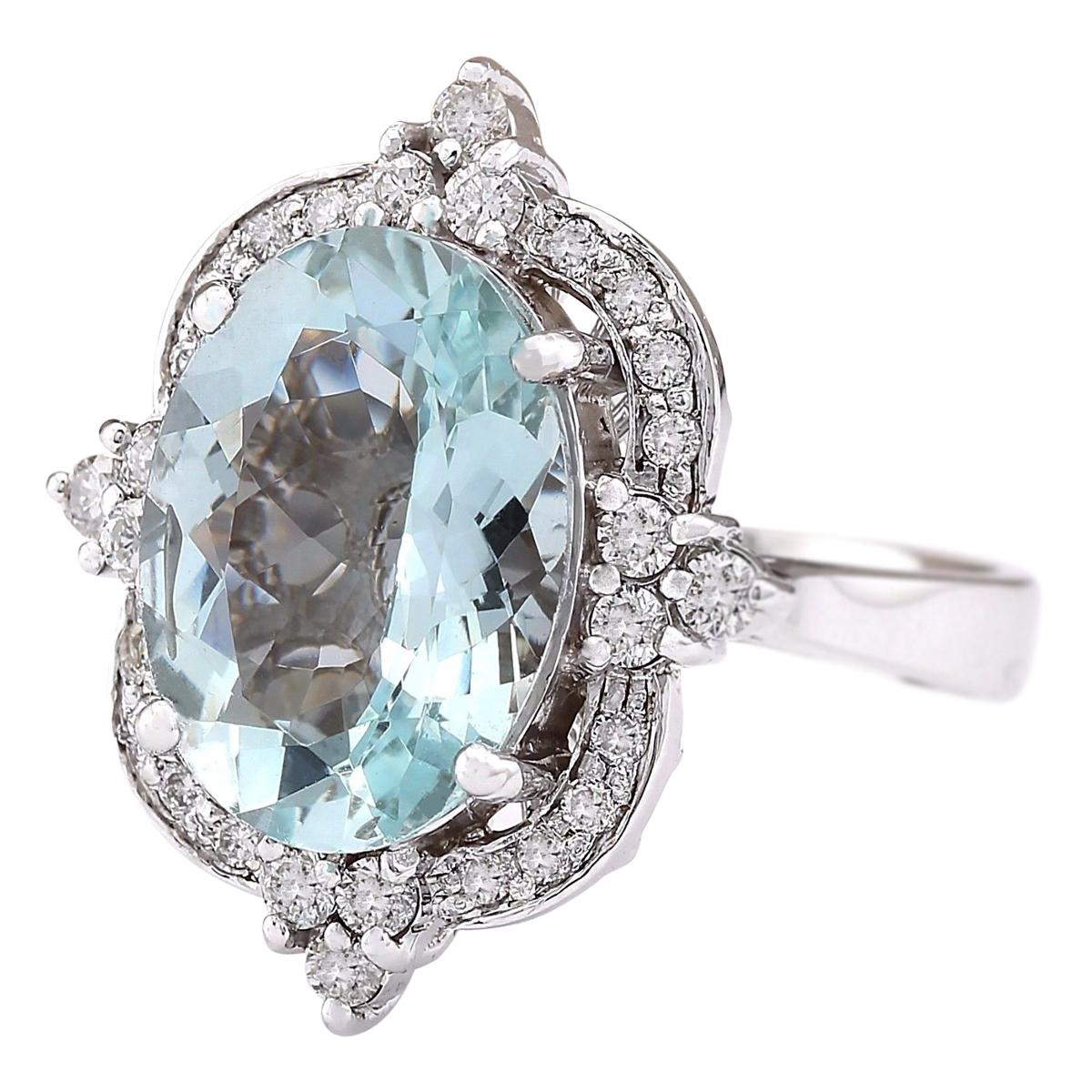 8.92 Carat Natural Aquamarine 14 Karat White Gold Diamond Ring
Stamped: 14K White Gold
Total Ring Weight: 8.4 Grams
Aquamarine Weight is 8.22 Carat (Measures: 14.00x10.00 mm)
Diamond Weight is 0.70 Carat
Color: F-G, Clarity: VS2-SI1
Face Measures: