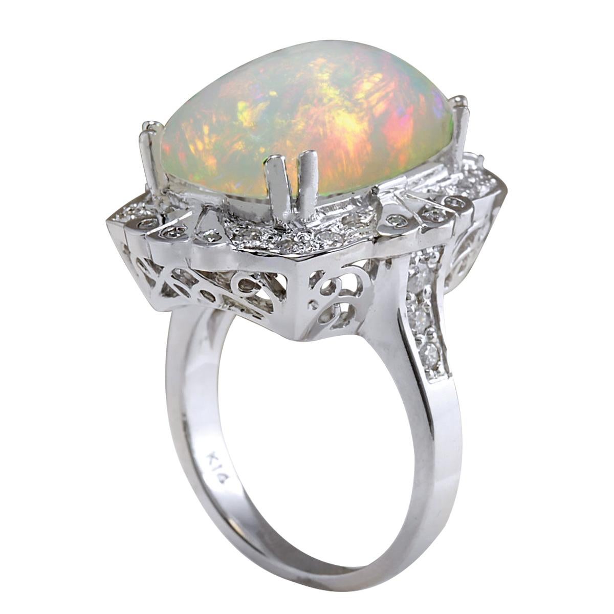 Cushion Cut Natural Opal Diamond Ring In 14 Karat White Gold  For Sale