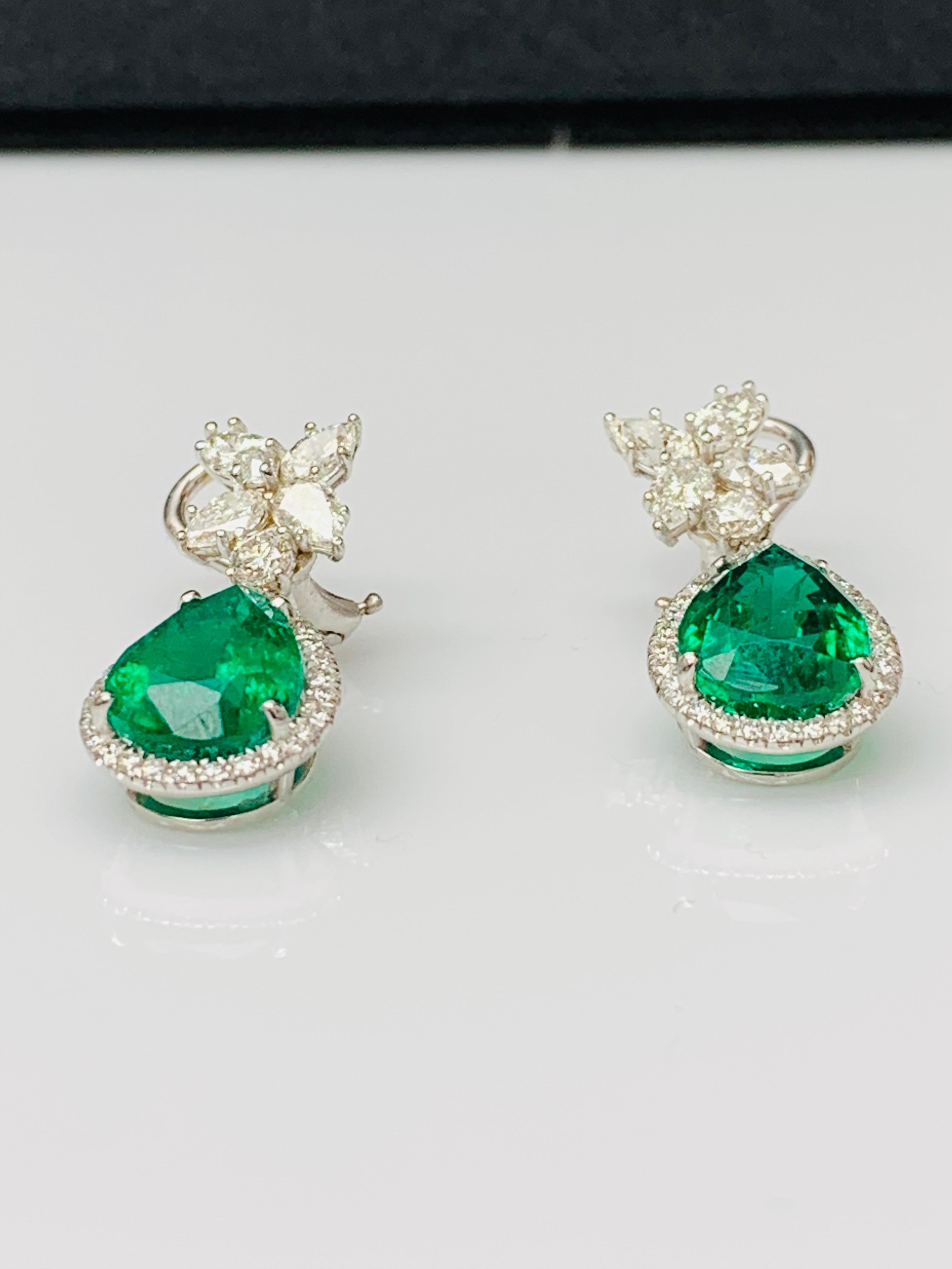 8.92 Carat of Pear Shape Emerald and Diamond Drop Earrings in 18K White Gold For Sale 6